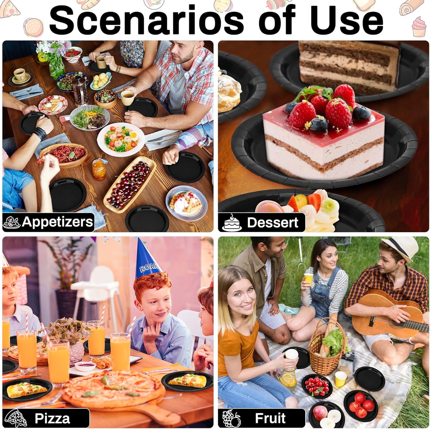 50 Count Black 7 Inch round Paper Plates, Heavy Duty Disposable Dinnerware for Parties, Weddings, Bbqs, Birthdays, Picnics