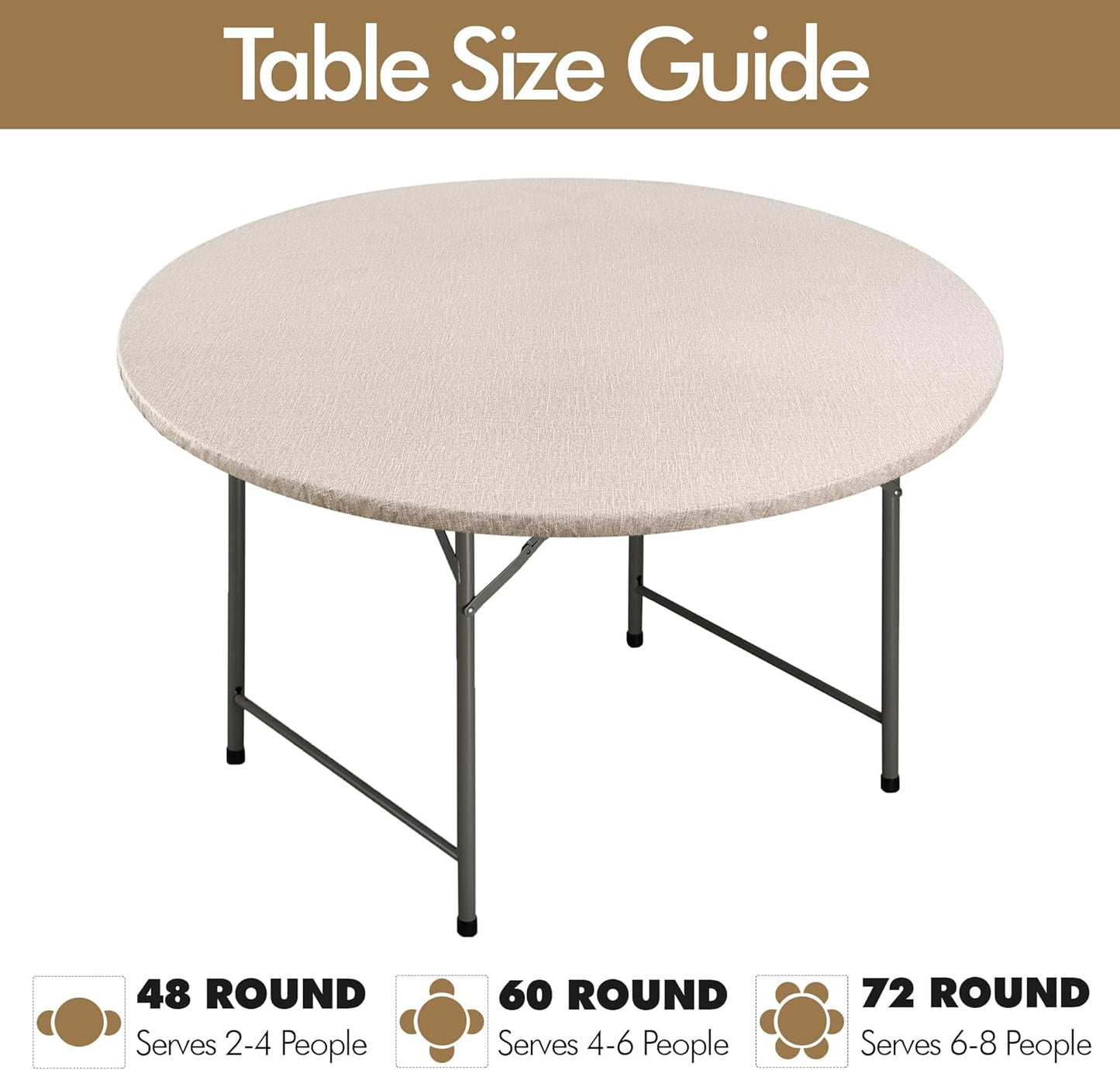 2-Pack Faux Linen Round Table Covers with Flannel Backing, Waterproof Vinyl Fitted Elastic Tablecloths for Picnics, Parties, and Indoor Dining (Fits 45"-56" Round Tables)