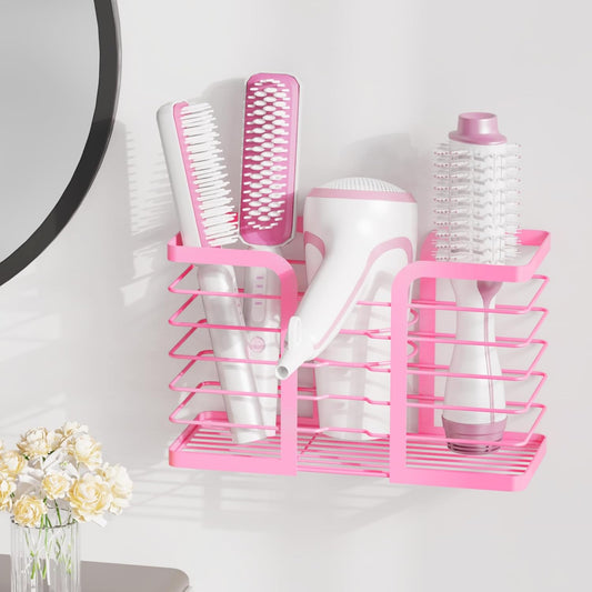 Pink Hair Dryer Holder - 3-Section Organizer for Hair Tools, Wall-Mounted/Cabinet Door Straightener Holder, Adjustable Height Metal Dryer and Curling Iron Organizer