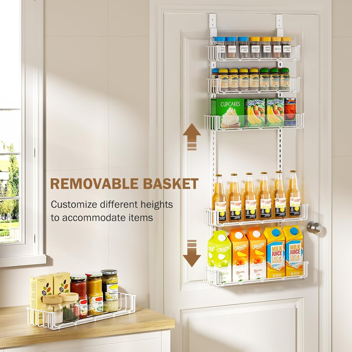 Adjustable over the Door Pantry Organizer with Clear Acrylic Panel, 6-Tier Pantry Organization and Storage for Kitchen, Hanging Spice Rack Seasoning Shelves for Cabinet, Easy Install, White