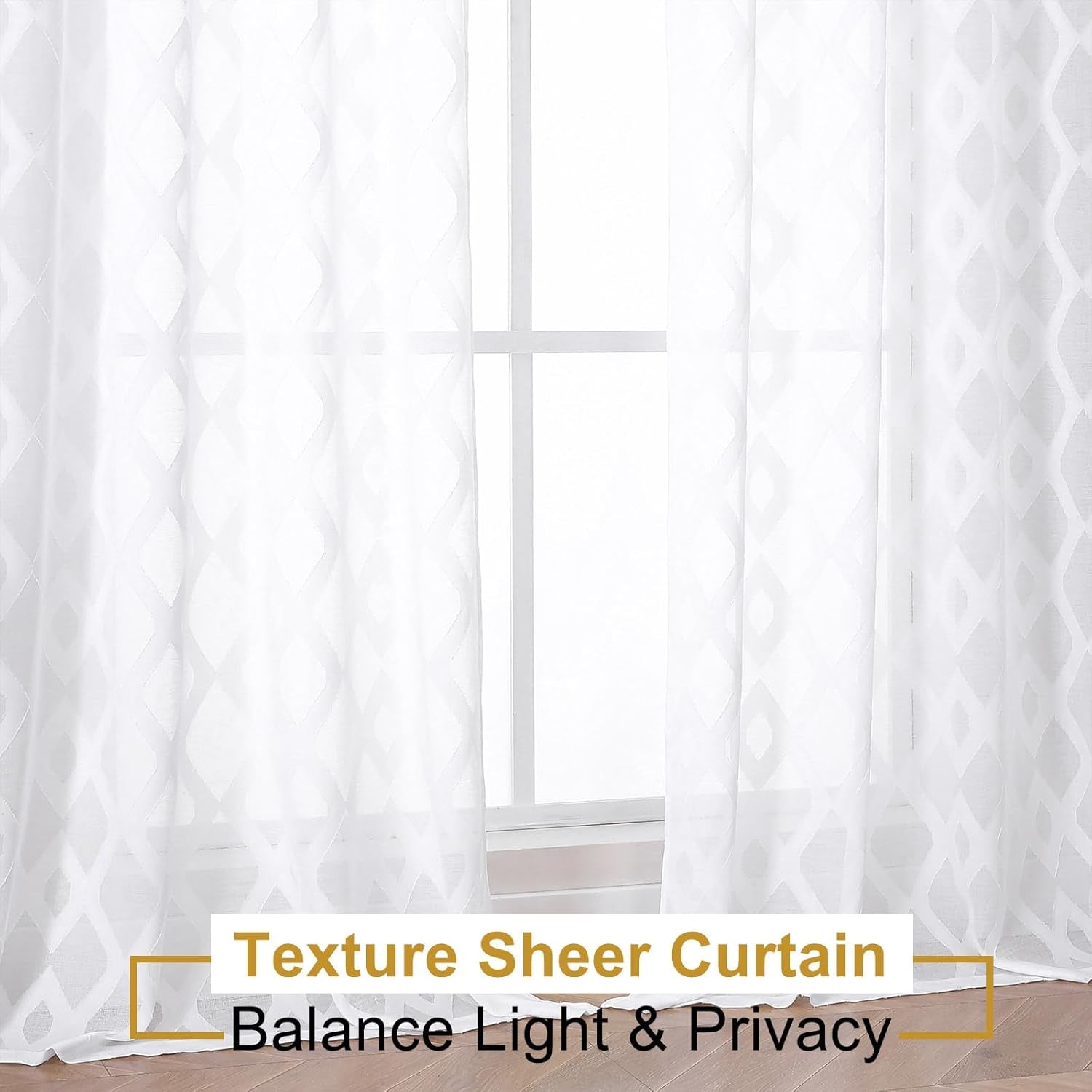 Sheer White Curtains 84 Inches Long 2 Panels Set for Bedroom, Light Filtering Geometric Jacquard Clip Textured Window Curtain, Modern Farmhouse Curtains for Living Room, Total Wide 84" Inch