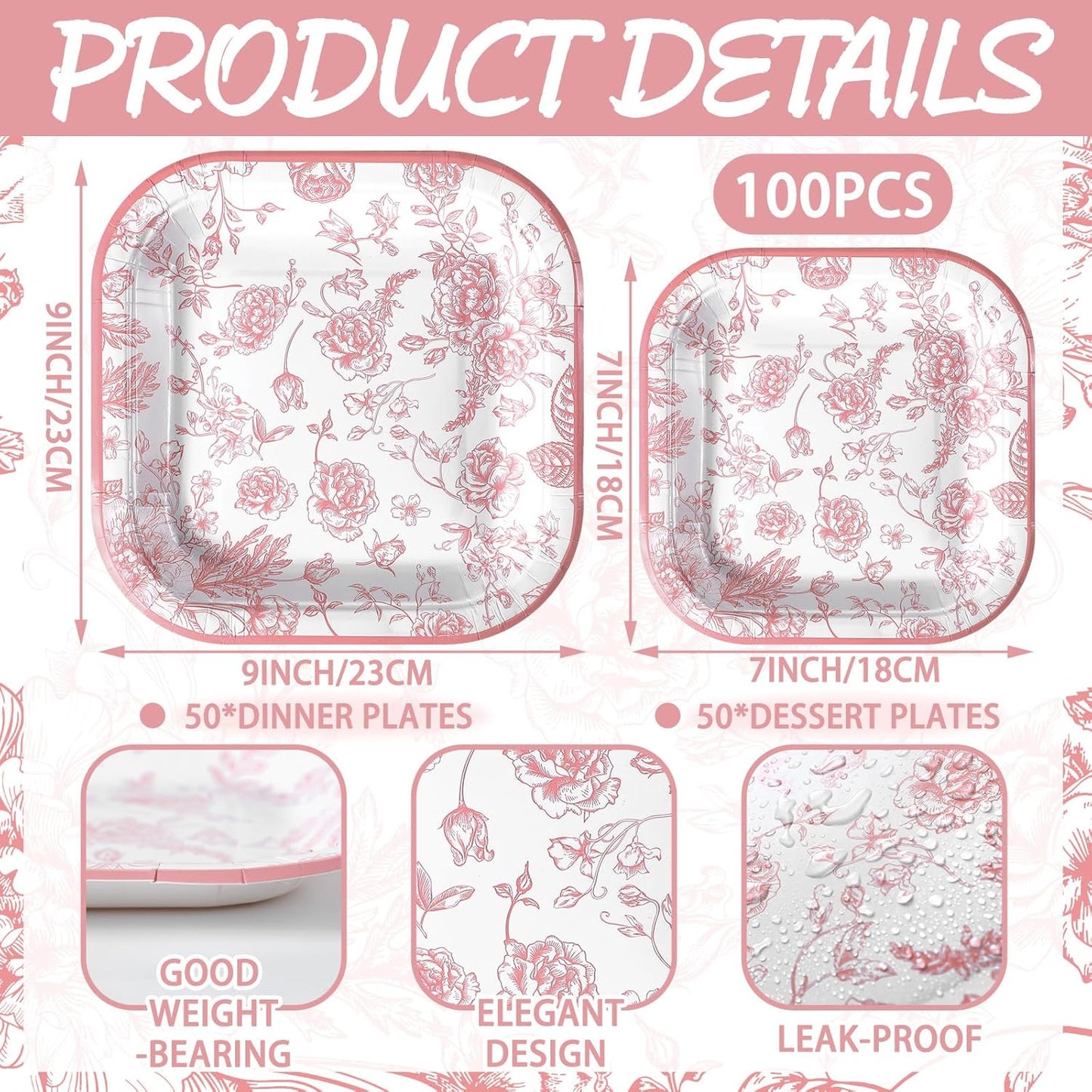 100-Piece Floral Disposable Paper Plate Set - 9-Inch Dinner Plates and 7-Inch Square Dessert Plates for Birthday, Wedding, and Baby Shower Celebrations (Pink, Floral Design)