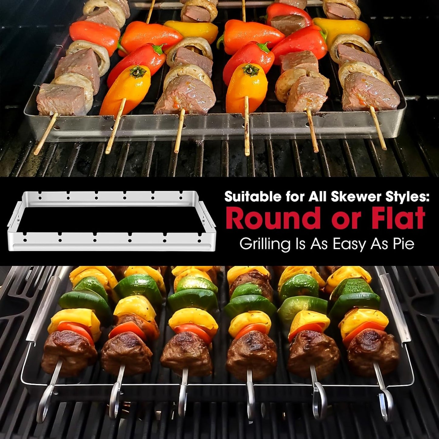 Stainless Steel BBQ Shish Kabob Set, Foldable Shish Kabob Holder with 6Pcs 13"L Skewers, Reusable Grill Rack, Comes with 30Pcs 12.5"L Bamboo Skewers for Party and Cookout