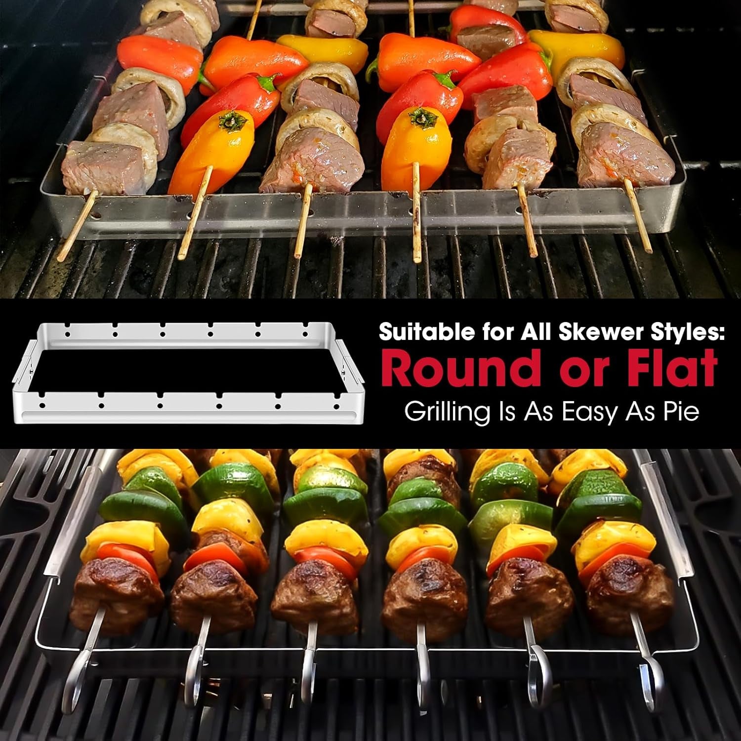 Stainless Steel BBQ Shish Kabob Set, Foldable Shish Kabob Holder with 6Pcs 13"L Skewers, Reusable Grill Rack, Comes with 30Pcs 12.5"L Bamboo Skewers for Party and Cookout