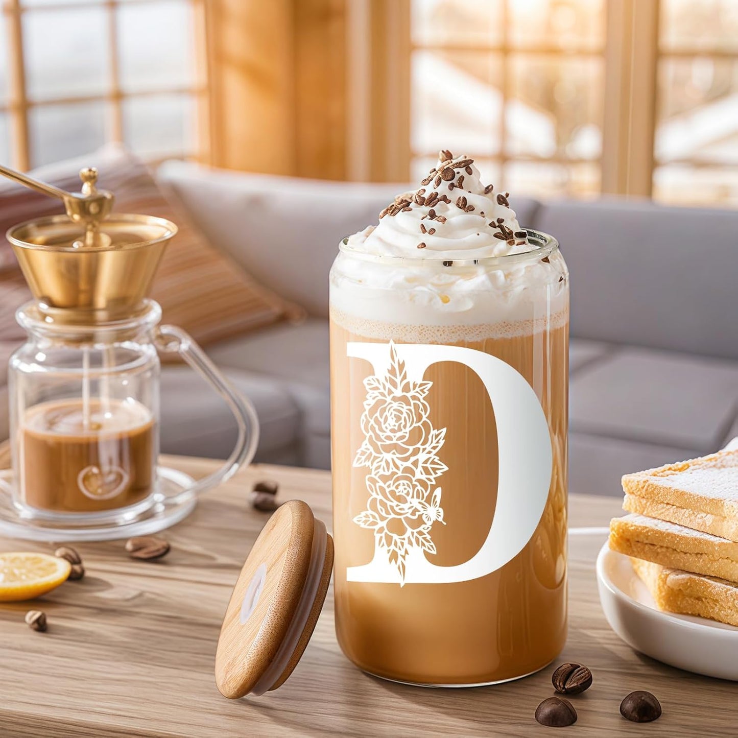 Gifts for Holidays,Birthday Gifts for Women,Personalized Initial Glass Cup as Iced Coffee Cups,Aesthetic Smoothie Cup Cute Beer Tumbler,16 Oz Glass Cups with Lids and Straws-D(1Psc)