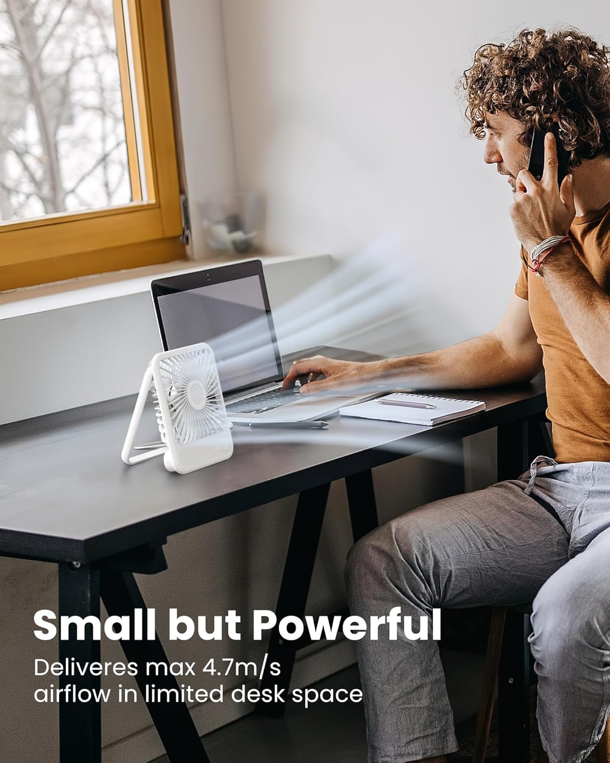 USB Desk Fan, Strong Wind Ultra Quiet Small Personal Fan with 180° Tilt Folding and 3 Speeds Adjustable, USB-C Corded Powered Mini USB Fan for Office Desktop Bedroom White, NO BATTERY