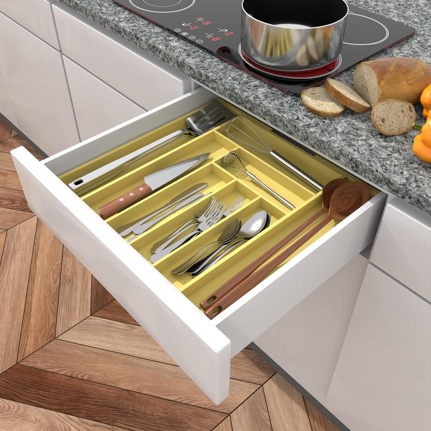 Silverware Organizer, Expandable Bamboo Utensil Drawer Organizer, Kitchen Drawer Organizer, Silverware Organizer for Cutlery, Utensils, Flatware Holder (6-8 Slots, Yellow) Pack of 1