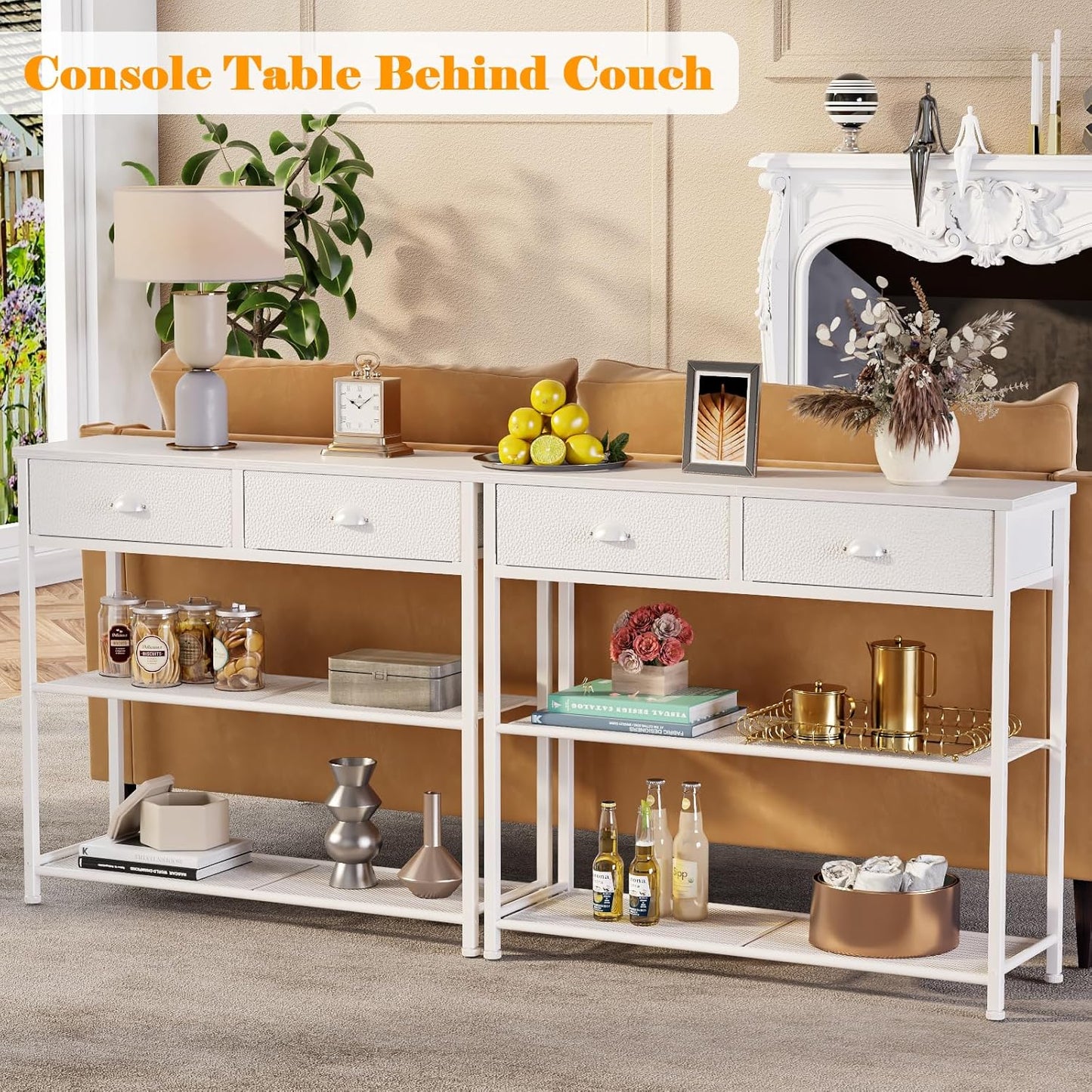 30'' Entryway Table, White Console Table with Storage, Narrow Sofa Table with 2 Drawers and 2 Shelves for Hallway, Living Room, Bedroom, Foyer, Couch, Tv