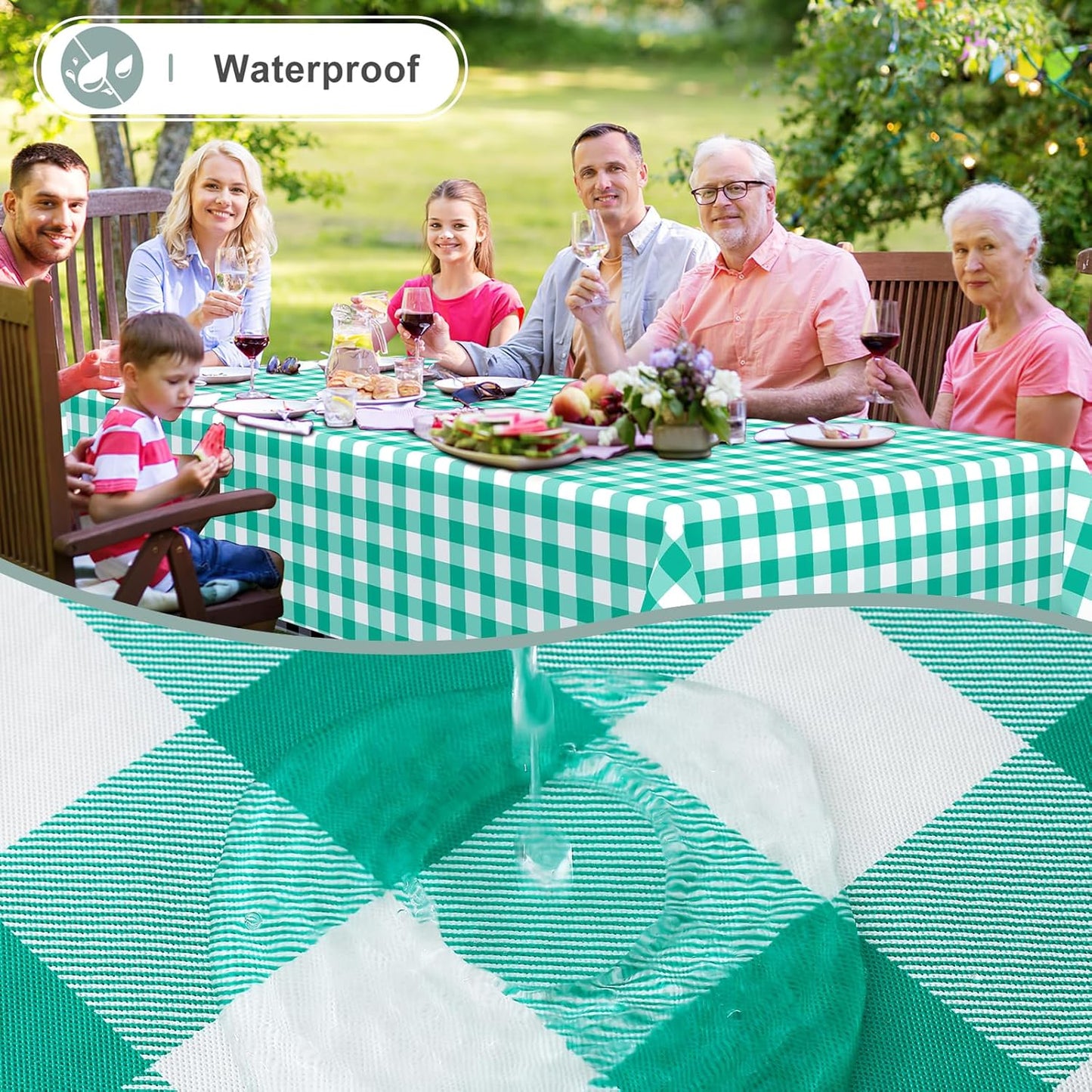 Rectangle Waterproof Vinyl Table Cloth, Buffalo Flannel Backed Tablecloth, Wipeable Plastic Table Cover for Dinner, Kitchen, Outdoor (60" X 84", Green and White)