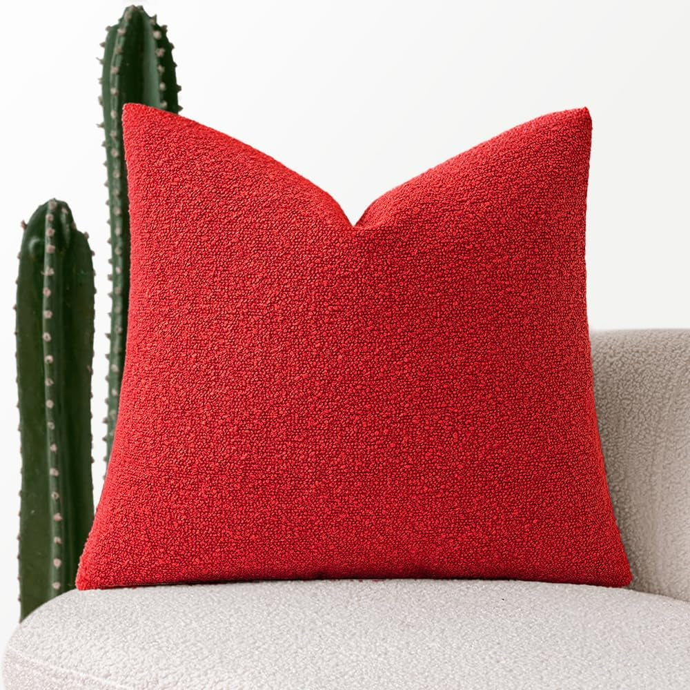 Textured Boucle Lumbar Pillow Cover in Christmas Red - Decorative Soft Accent Cushion for Couch, Chair, and Bedroom - 18x18 Inch, Single Pack