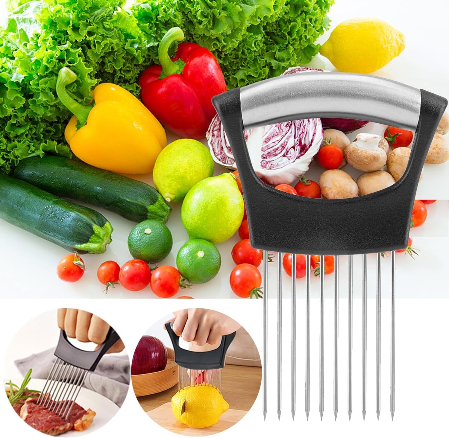 Onion Holder for Slicing, Onion Cutter Vegetable Chopper, Stainless Steel Tomato Slicer Vegetable Cutter for Potato, Avocados, Eggs, Food Slicer Assistant Tool for Fruit Lemon and Meat