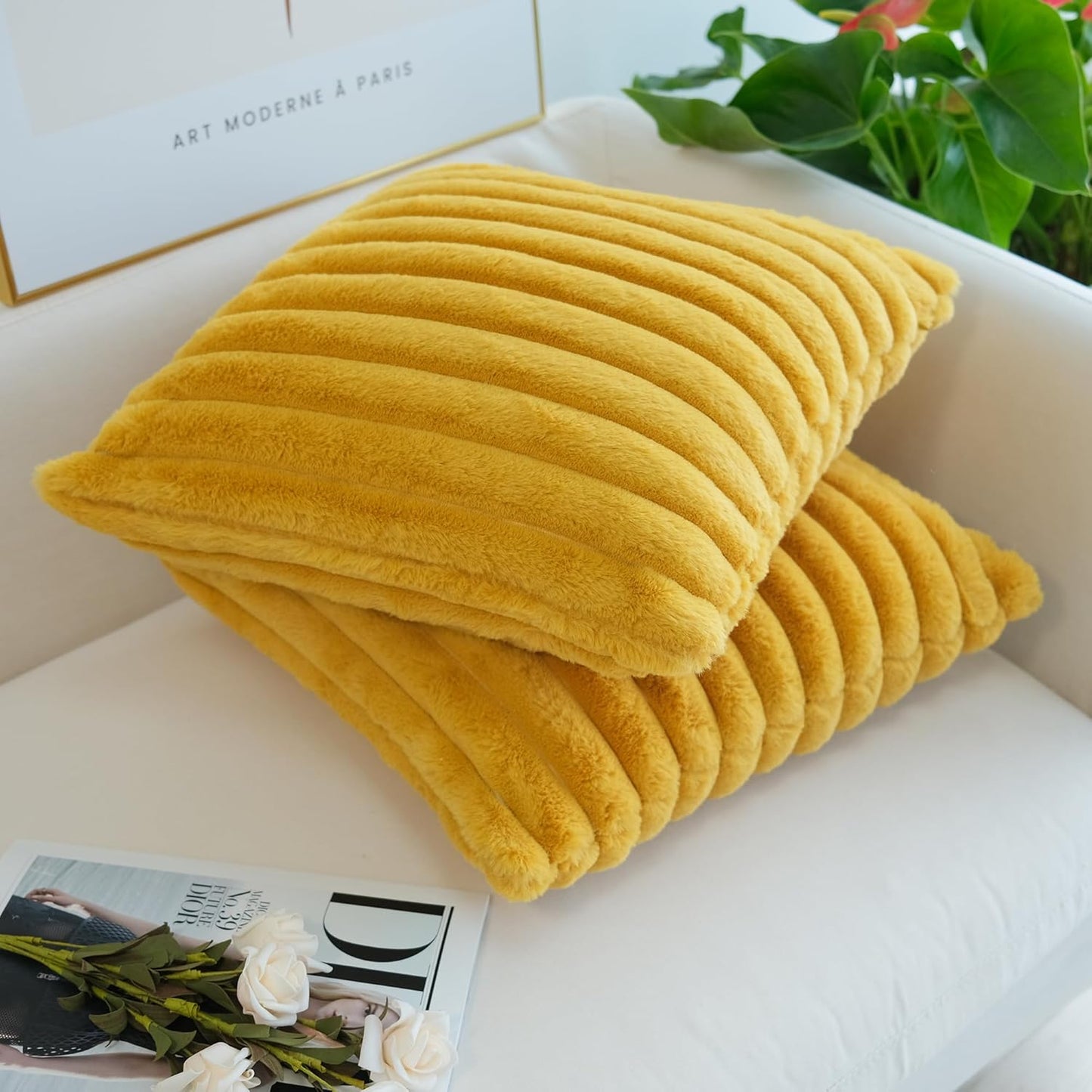 Pack of 2 Faux Fur Plush Decorative Throw Pillow Covers Couch Cushion Case Soft Pillowcases (Mustard Yellow, 20 X 20-Inch)