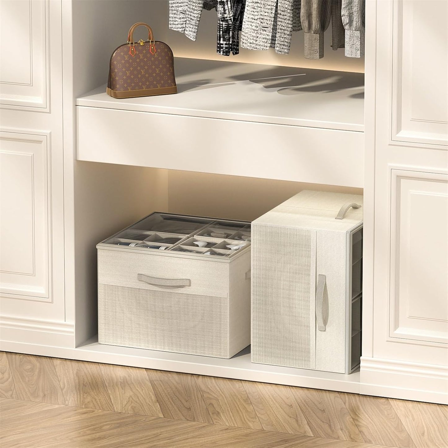 Shoe Organizer for Closet, 2 Pack Foldable Shoe Storage Organizer Box Bin with Adjustable Dividers and Clear Cover, Fits up to 16-32 Pairs (Beige)