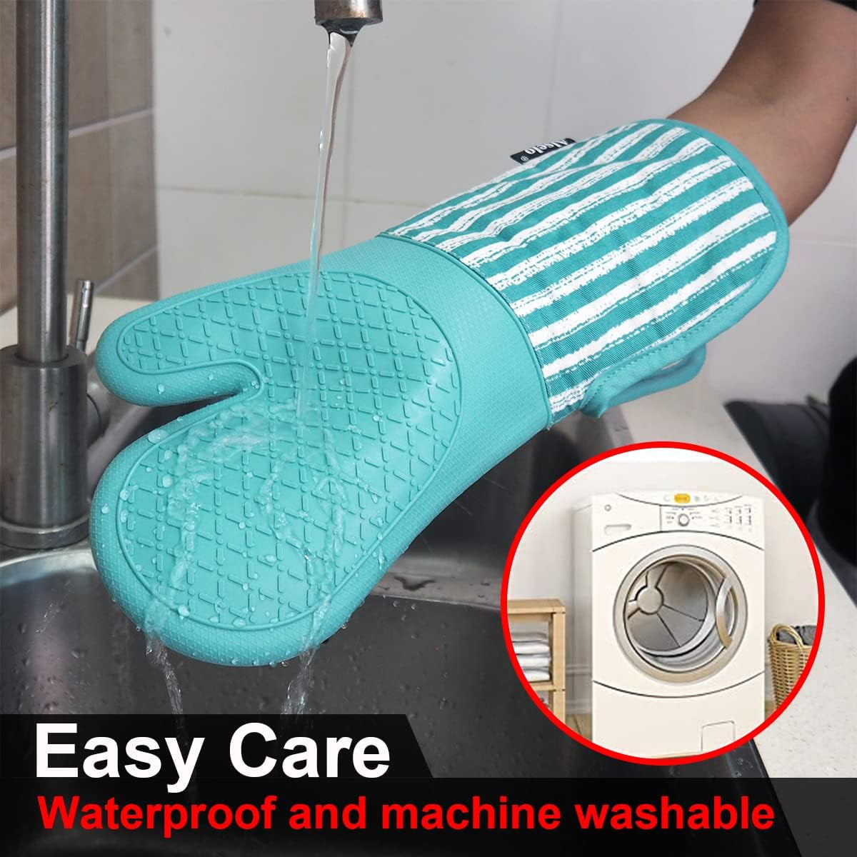 Silicone Oven Mitts Heat Resistant 932℉ with Waterproof & Non-Slip Kitchen Mittens, Set of 2 Extra Long Oven Gloves with Soft Cotton Terry Lining for Baking Cooking Barbecue