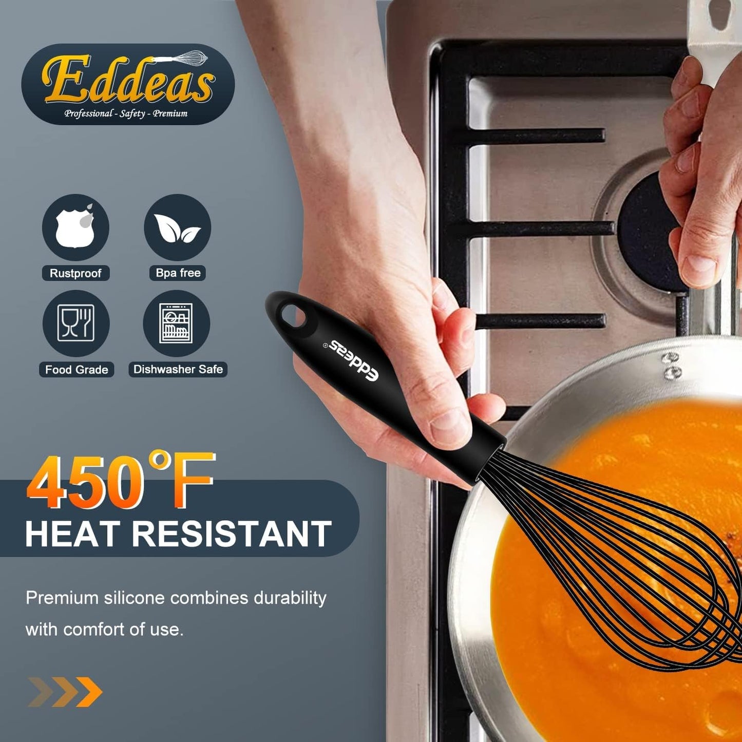 Silicone Whisk, Stainless Steel & Silicone Non-Stick Coated Whisks Set of 3-Heat Resistant Kitchen Whisks, Balloon Egg Beater Perfect for Blending, Whisking, Beating & Stirring, Black