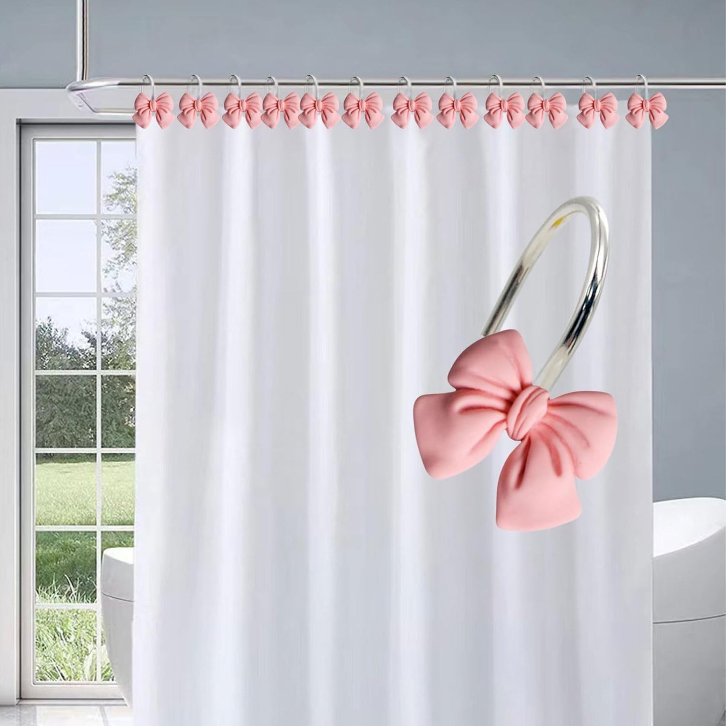 12Pcs Pink Bow Shower Curtain Hooks Set, Kawaii Bow Resin Hooks for Pink Bathroom Decor, Pink Bow Christmas, Coquette Bedroom, Girly Nursery, Cute Home Accessories