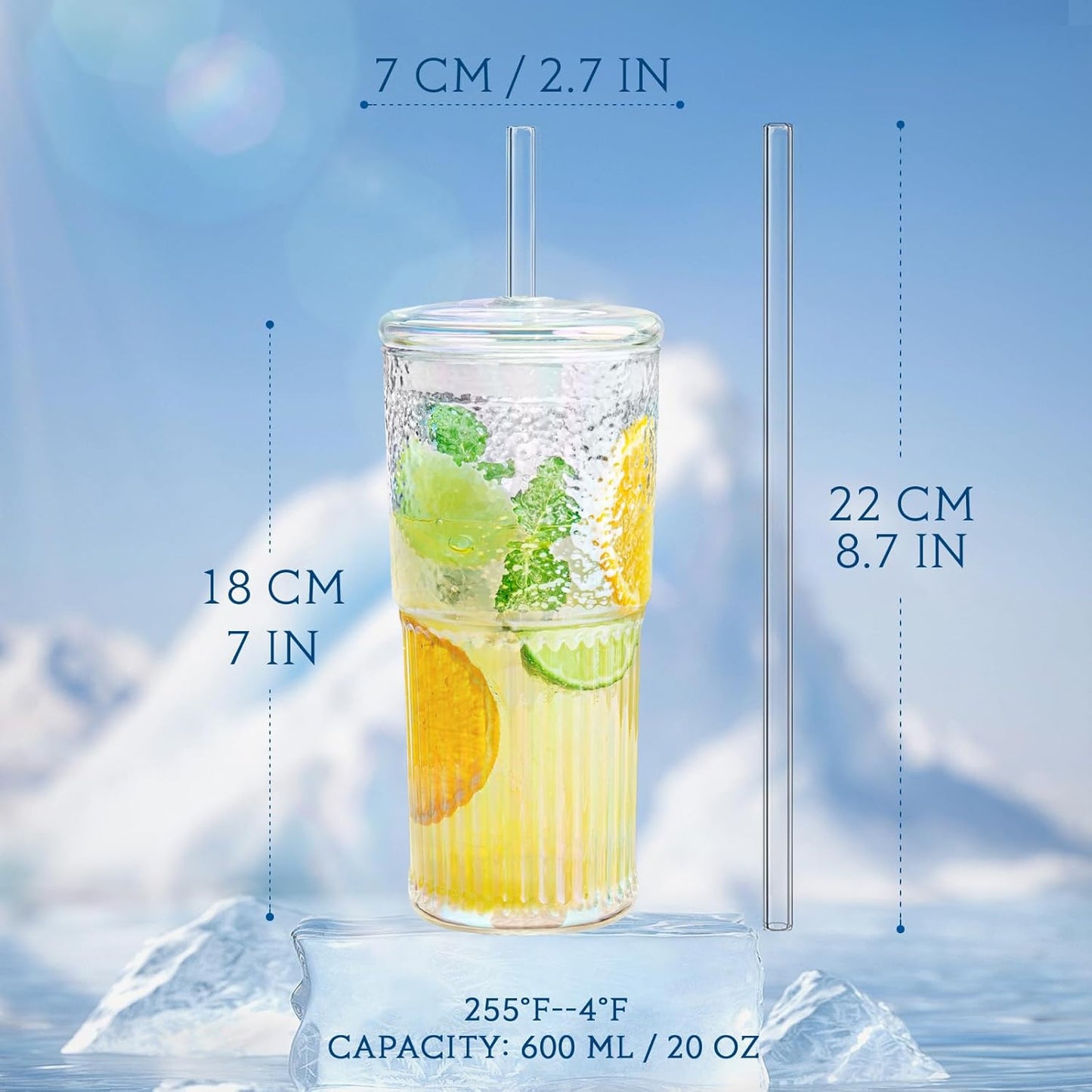 20Oz Glass Cups with Lids and Straws, 2 Pack High Borosilicate Iced Coffee Cups Drinking Glasses Tumbler for Smoothie, Water, Tea, Juice Drinks, Rainbow