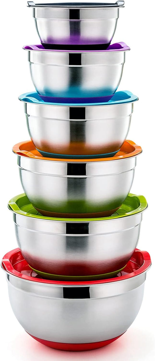 Mixing Bowls with Lids, Set of 6, Stainless Steel Nesting Mixing Bowls & Fitting Lids & Non-Slip Silicone Bottom, Ideal for Mixing, Storing, Size 0.7/1/1.5/2.5/3/4.6 Qt, Multicolor