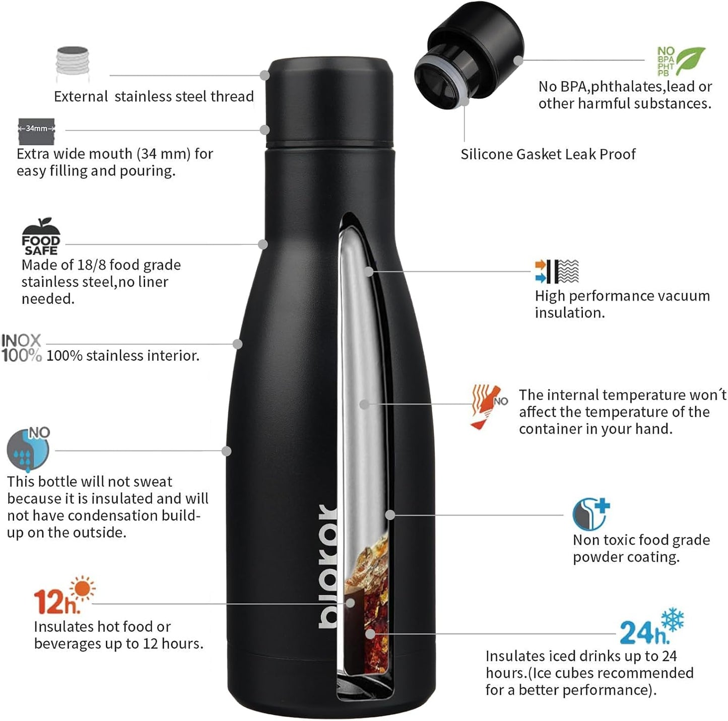 12Oz Water Bottles Stainless Steel Double Wall Vacuum Insulated Small Water Bottles for Travel,Midnight Black
