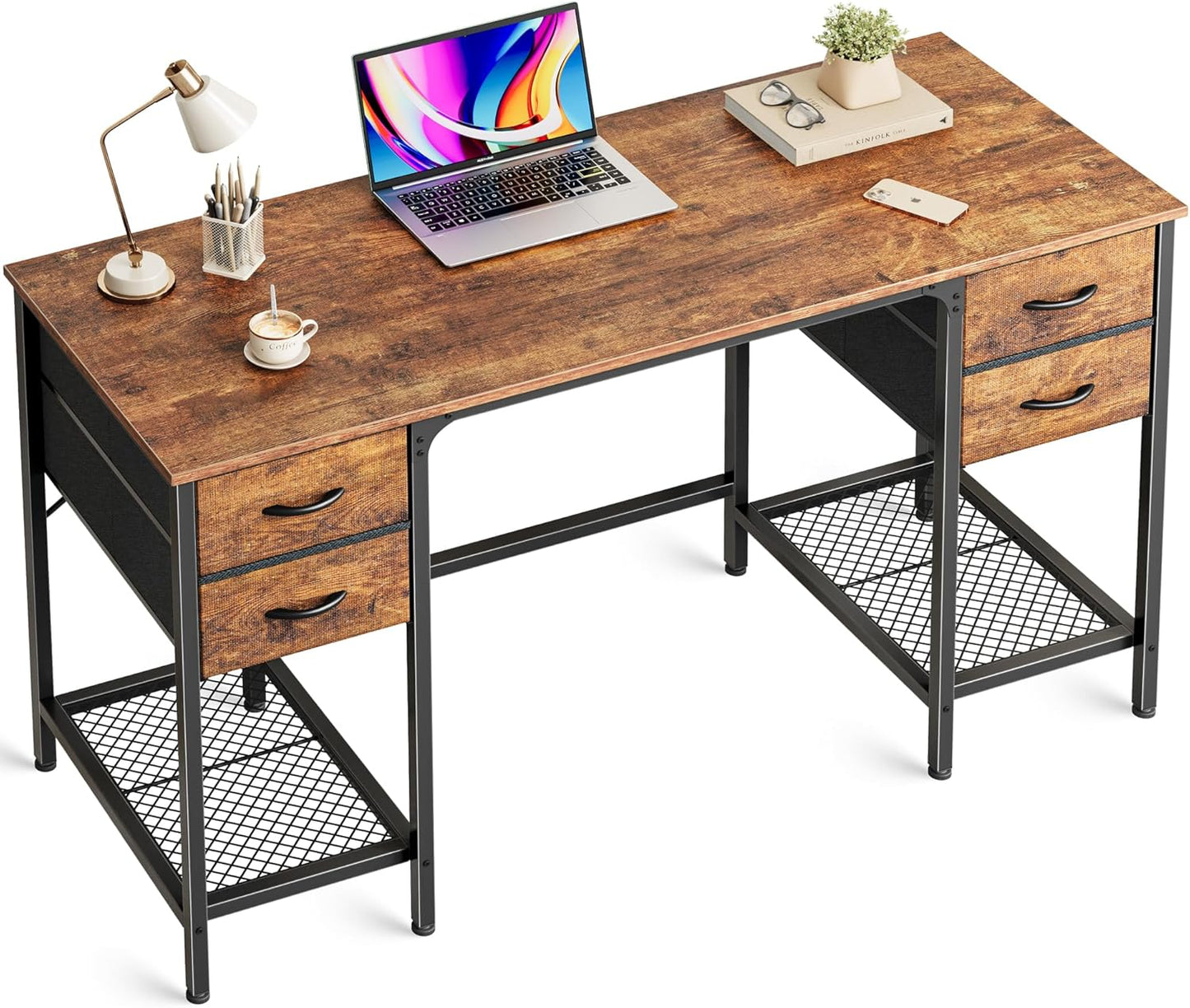 47-Inch Rustic Brown Computer Desk with 4 Drawers and Mesh Shelf for Home Office, Study, and Gaming
