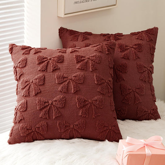 Burgundy Bow Decorative Pillow Covers - Set of 2 Soft Plush Faux Cases for Aesthetic Room Decor, 18x18 Inches