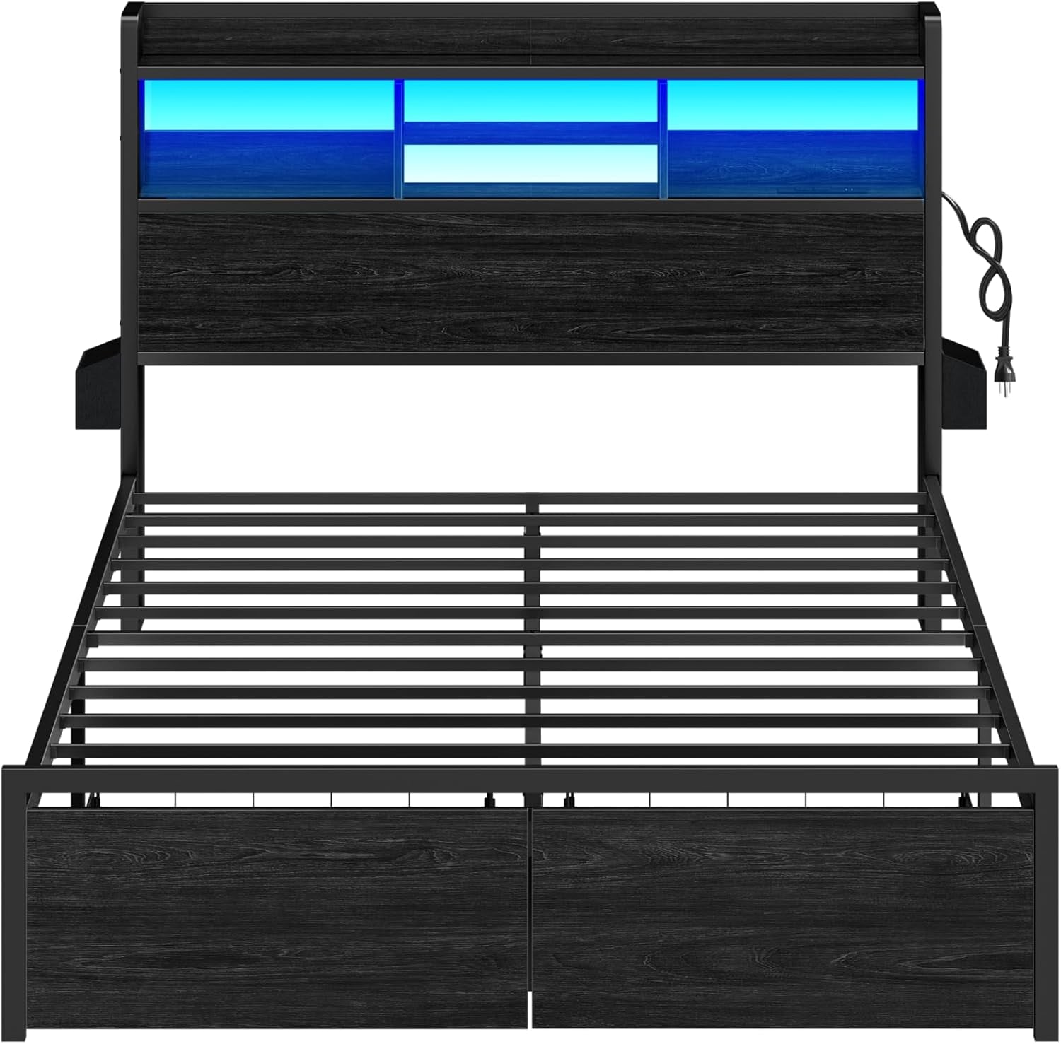 Full Size Metal Platform Bed Frame with Wooden Headboard, Integrated Storage Drawers, Shelf, LED Lighting, Charging Station, No Box Spring Required, Noise-Free, Black
