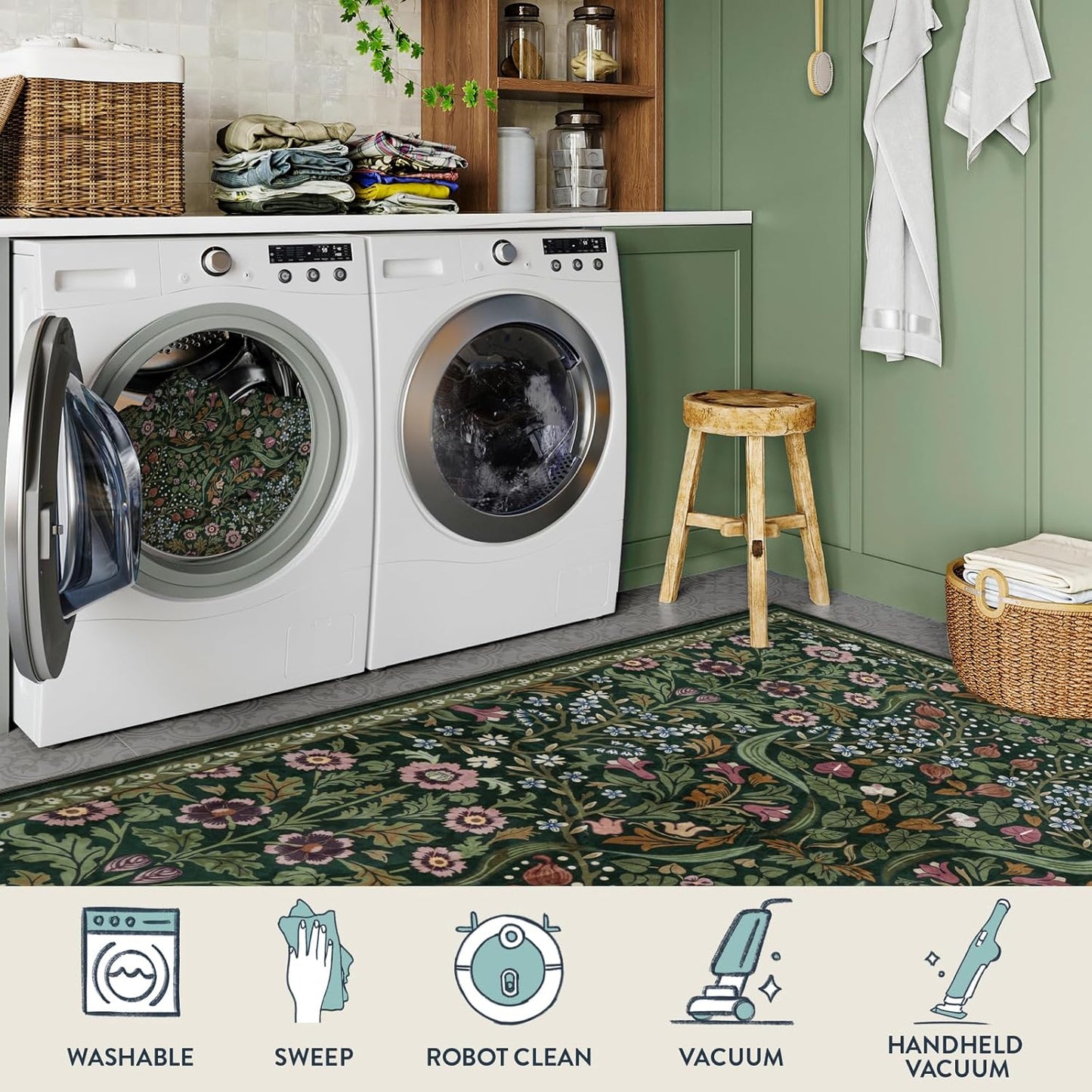 Floral 5X7 Washable Living Room Rugs, Green Area Rugs for Bedroom Rubber Backed, Botanical Thin Stain-Resistant Carpet for Dining Room, Guestroom, Kids Room