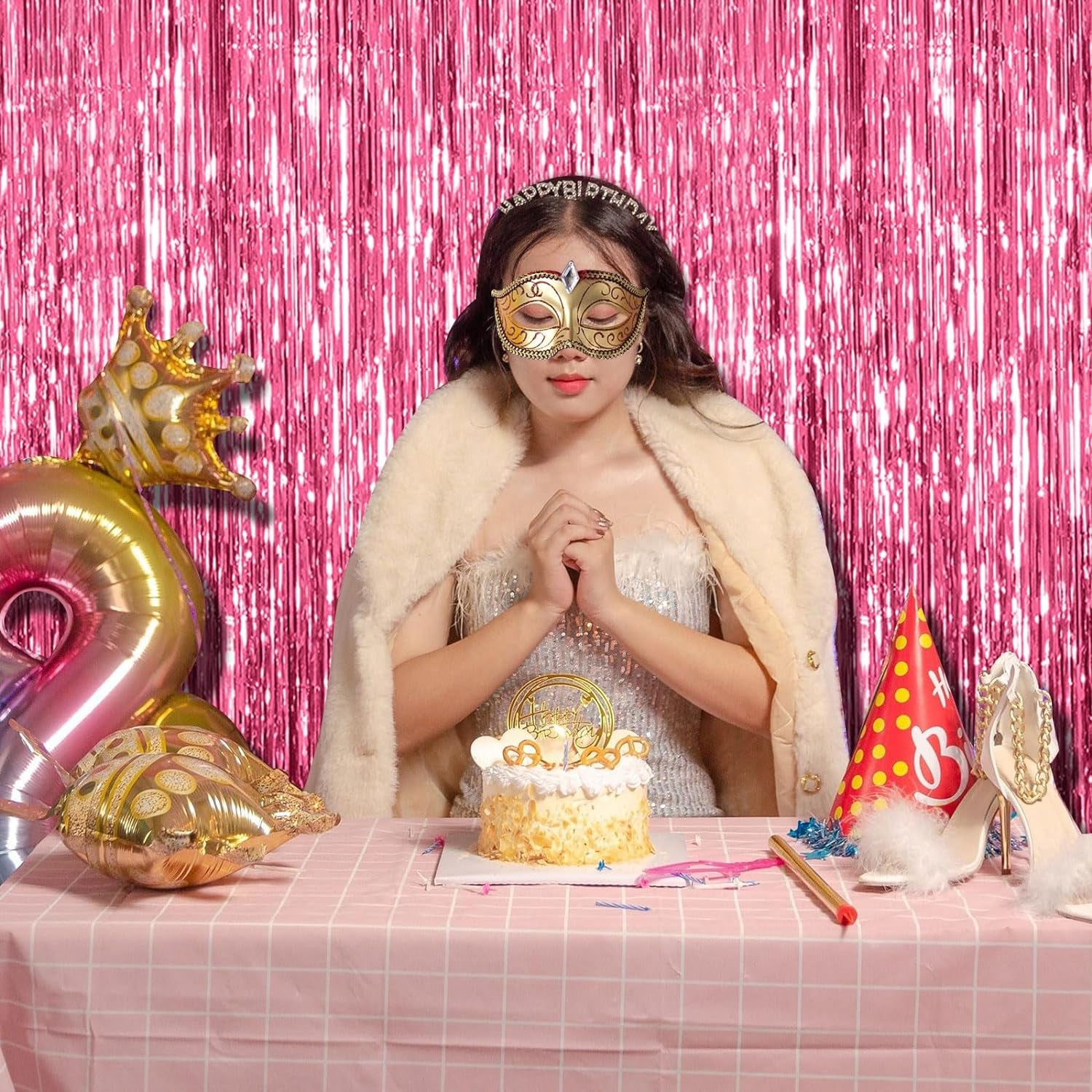 2 Pack Pink Backdrop Party Decorations Tinsel Curtain Party Backdrop Foil Fringe Birthday Decorations Photo Booth Streamer Backdrop Pink Theme Bachelorette Graduation Decor