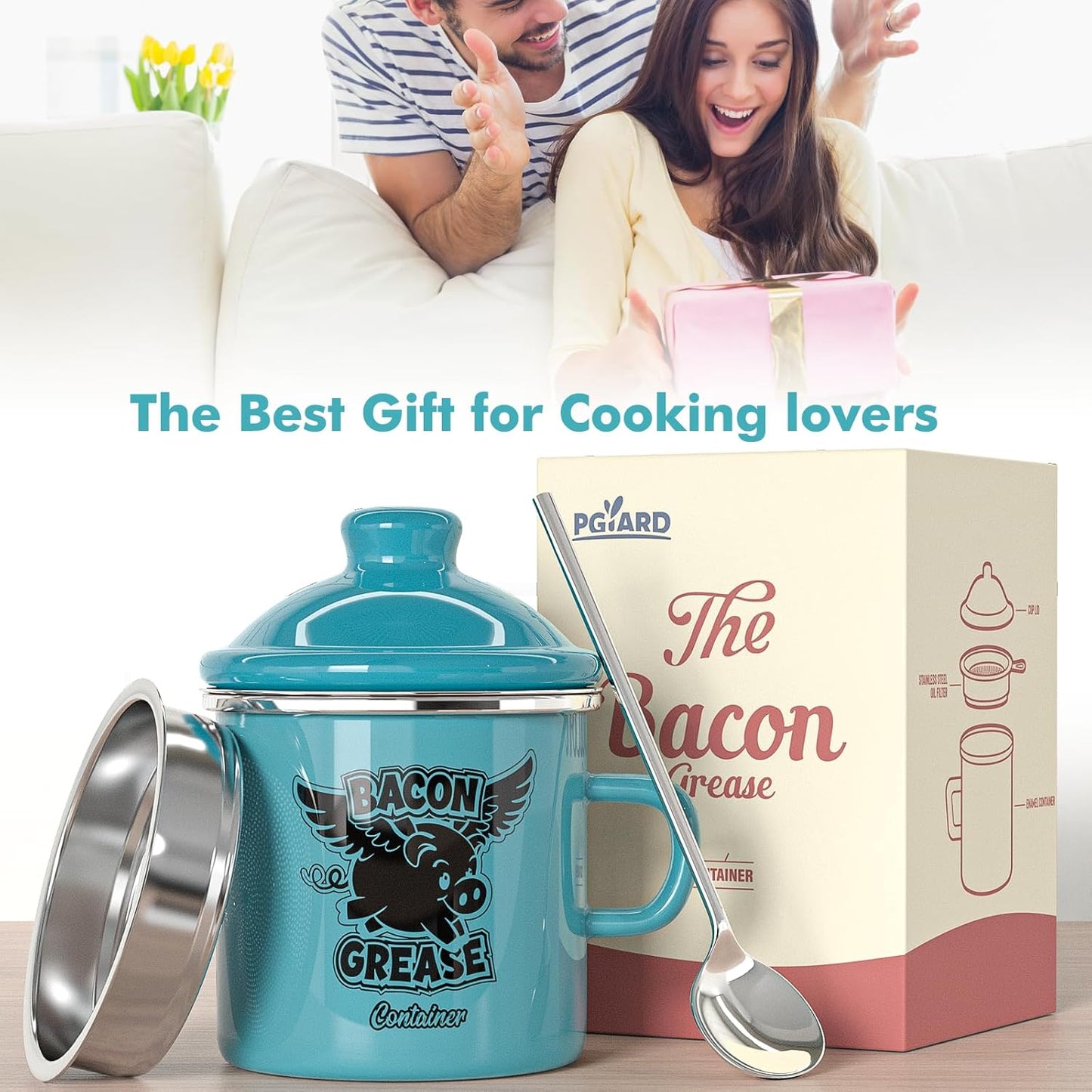 Mini Bacon Grease Container with Strainer - 15OZ Farmhouse Enamel Grease Saver, Fat Storage for Kitchen, Dishwasher Safe-Light Blue