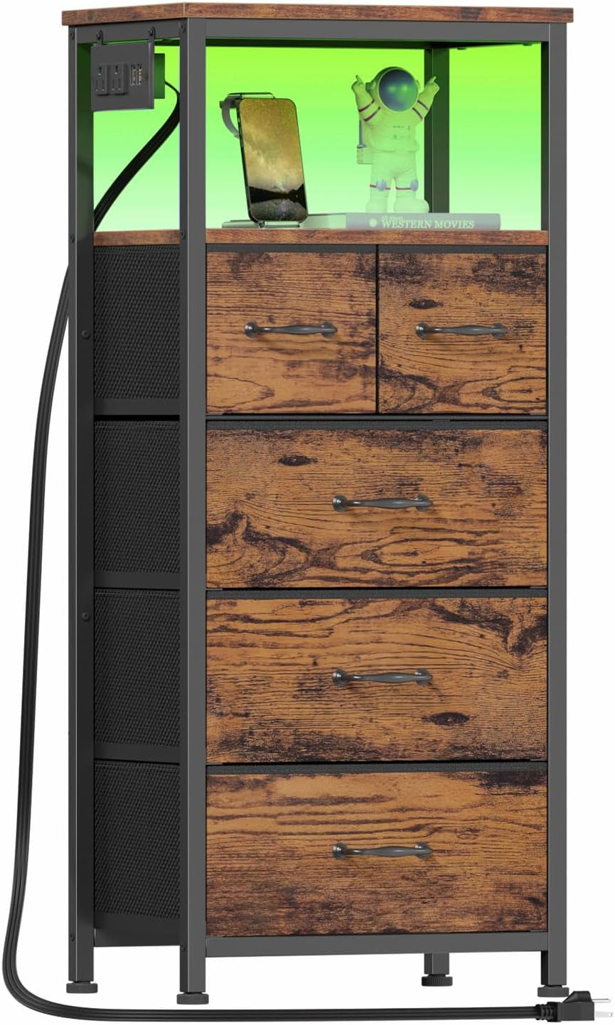 Rustic Brown Vertical Chest with Wood Top, Charging Station, LED Lights, and 5 Fabric Bins - Multifunctional Dresser and Nightstand for Bedroom and Entryway