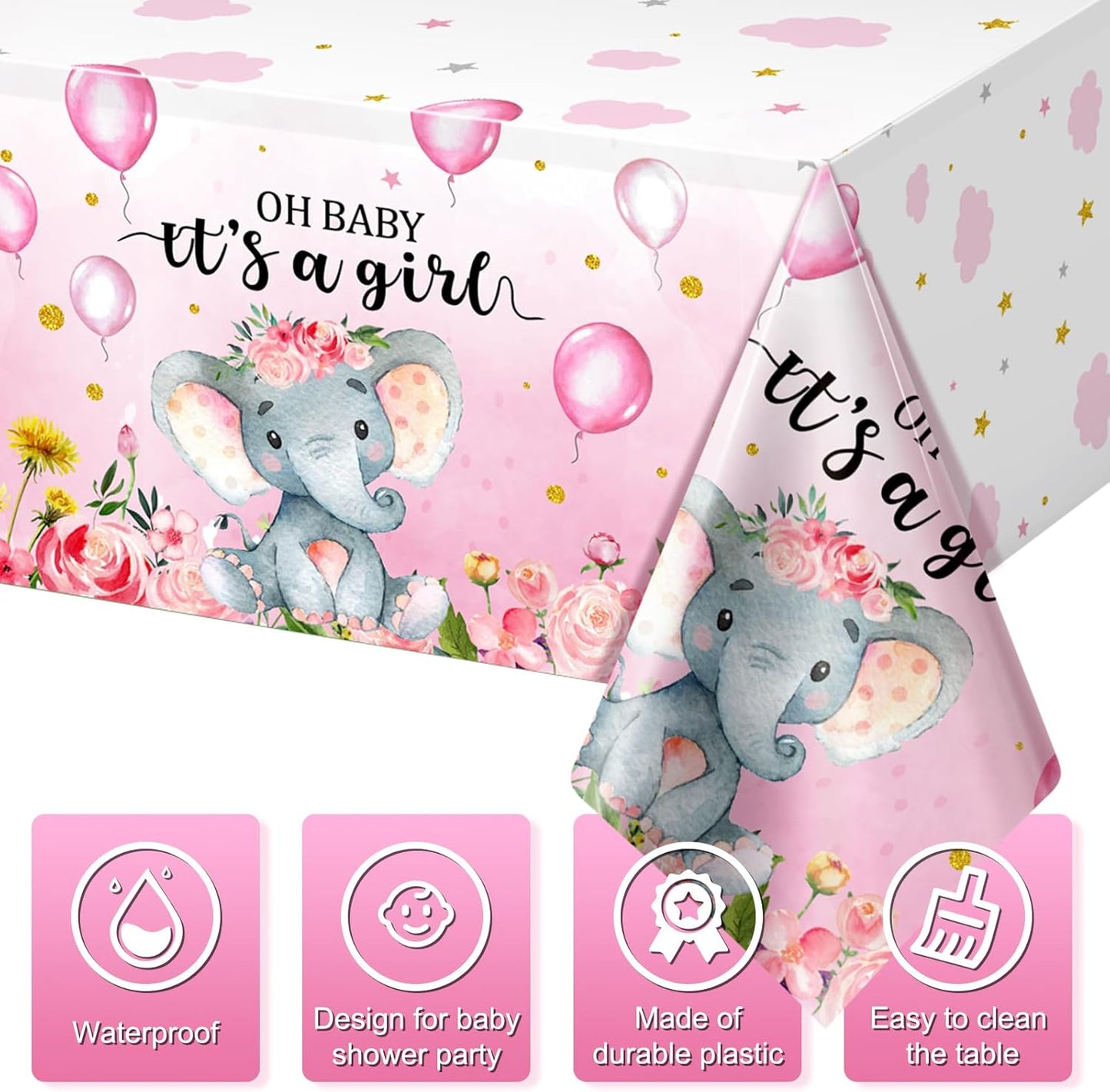 3 Pack Elephant Baby Shower Decorations - Plastic Tablecloth Table Cover Backdrop for Boy Girl Gender Party Supplies, 54 X 108 Inch, Pink