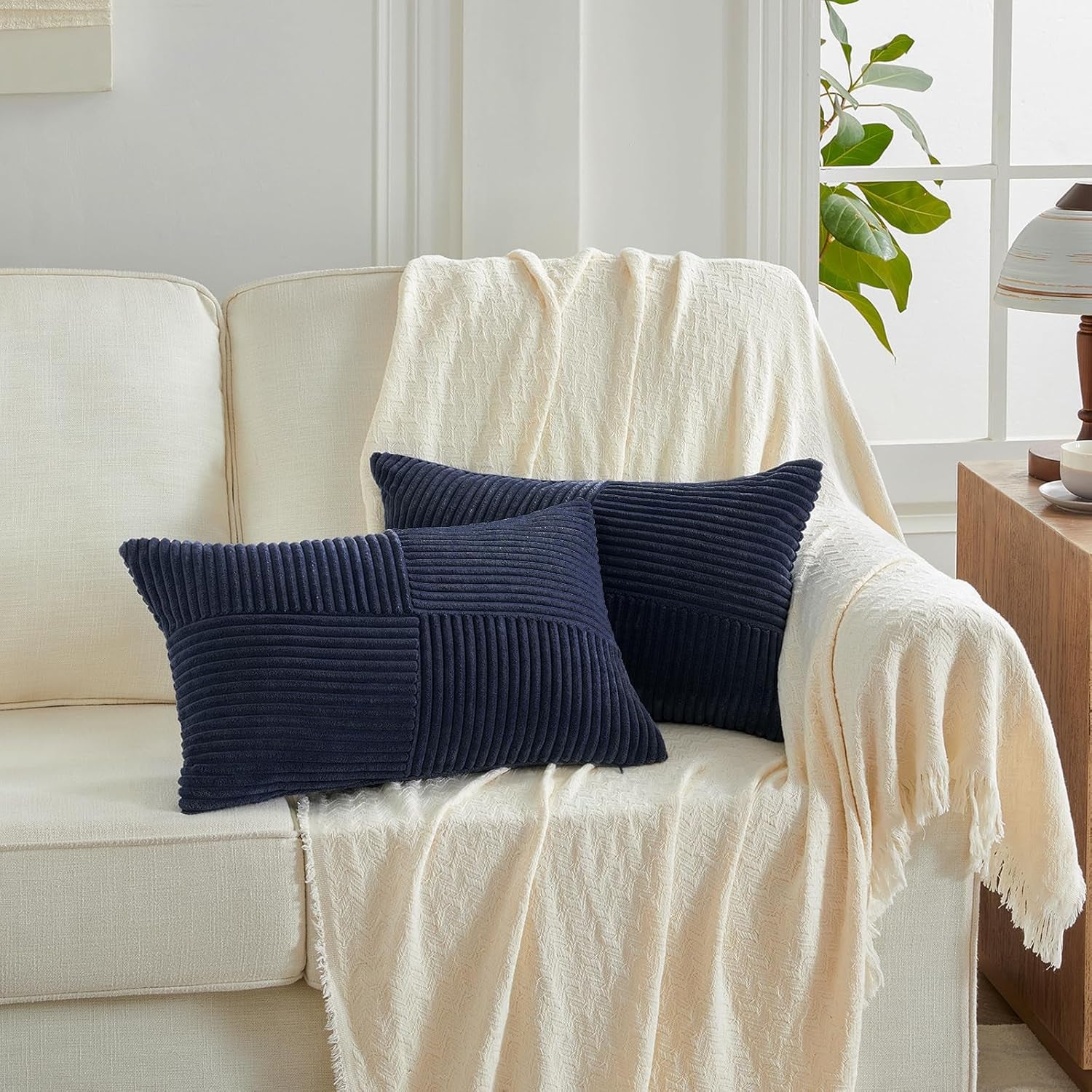 Set of 2 Navy Blue Boho Lumbar Rectangle Decorative Throw Pillow Covers 12X20 Inch with Diagonally Pattern for Couch Bed Sofa, Soft Corduroy Accent Modern Farmhouse Home Decor 30X50 Cm