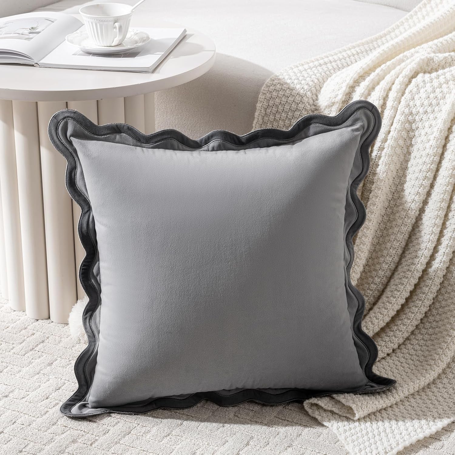 Set of 2 Grey Decorative Throw Pillow Covers 18X18 Inch with Scallop Edging for Couch Bed Sofa Indoors, Aesthetic Modern Farmhouse Home Decor, Soft Velvet Accent Gray Pillow Case 45X45 Cm