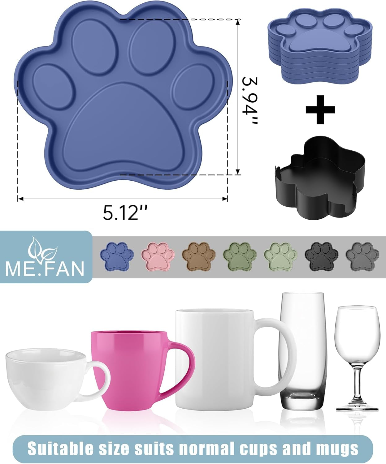 Silicone Coasters 6 Pack Paw Cup Mat with Holder, Dog Cat Paw Shape, for Hot or Cold Drink, Non-Slip, Non-Stick, Room Decor, Housewarming Black