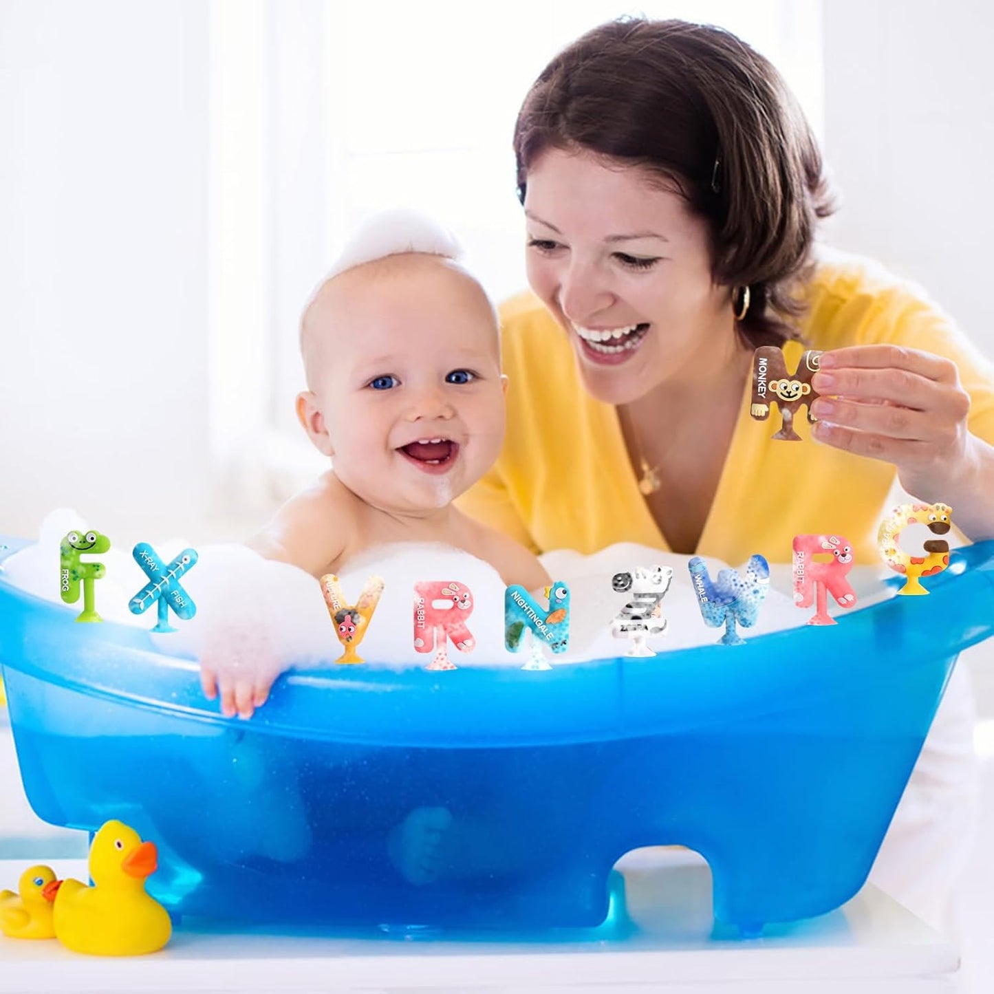 Suctionbath Toy,26Pcs Animal Suction Alphabet Bath Toys Kids,Educational Bath Toys Sensory Letters Waterproof Mold Free,Bathtub Letters to Stick to Tub,Silicone Toddler Learning Toys