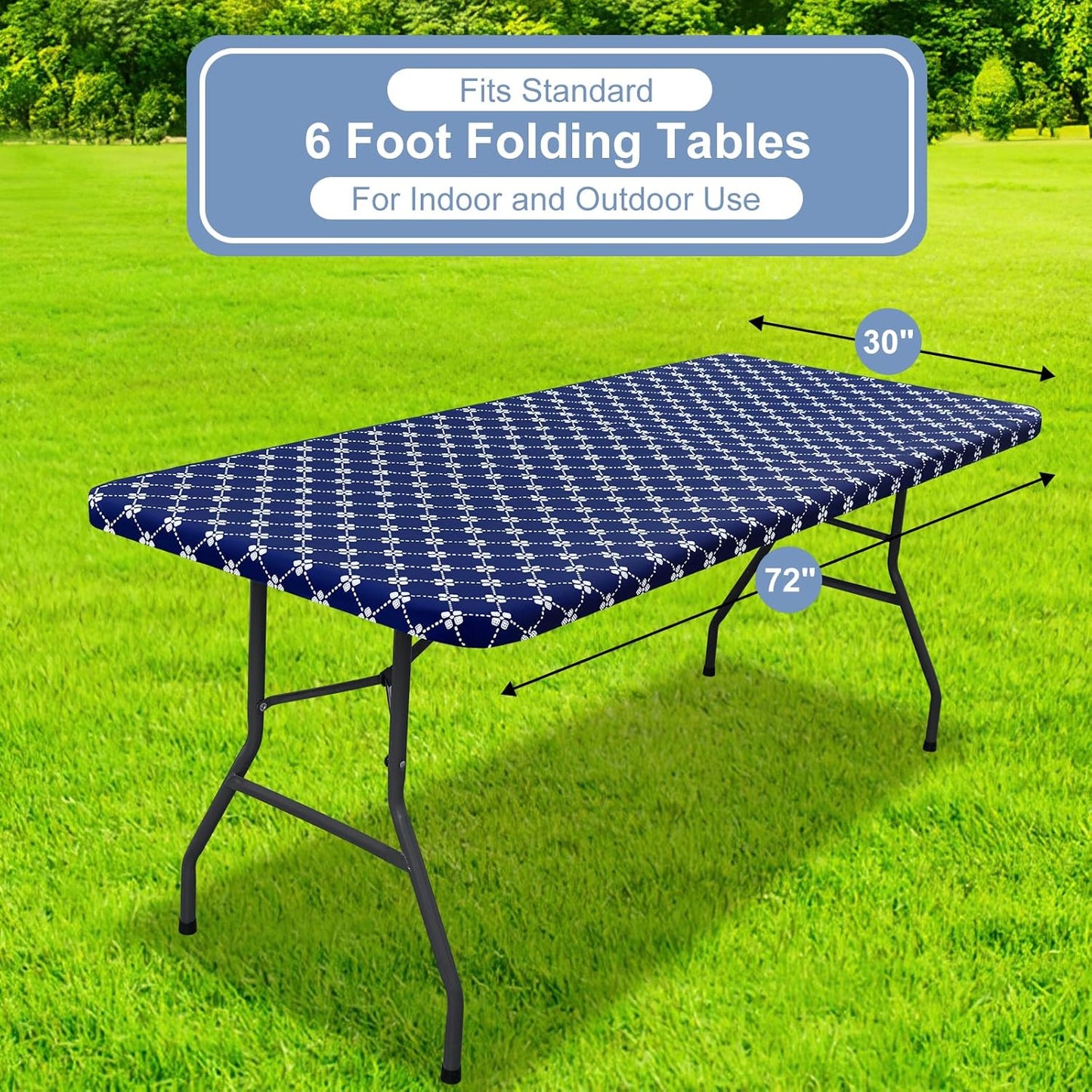 Rectangle Vinyl Table Cloth, Elastic Fitted Tablecloth with Flannel Backing, Waterproof Plastic Table Cover Fits 6 Foot Folding Tables for Camping, Indoor and Outdoor (Navy, 30" X 72")