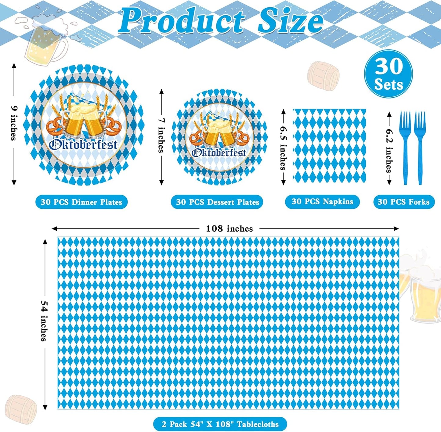 122 PCS Oktoberfest Decorations, Disposable 9" and 7" Blue and White Flag Check Beer Party Plates, Oktoberfest Paper Plates Napkins Forks Tablecover, Beer Festival Party Supplies for German Festival