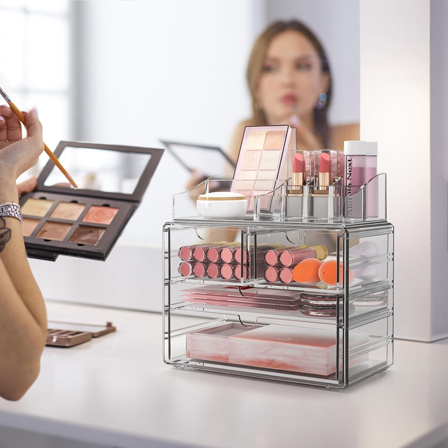 4-Tier Clear Makeup Organizer with Drawer, Acrylic Cosmetic Display Case for Makeup Vanity Bathroom Counter Organizers and Storage, Stackable Vanity Organizer for Brushes Lipsticks Skincare