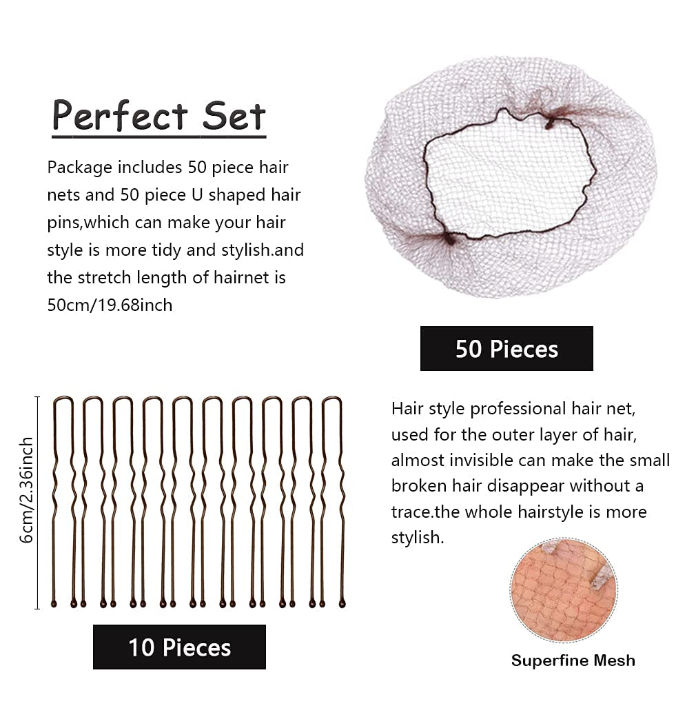 Invisible Hair Nets and U Shaped Hair Pins Set/Hair Bun Shaper Set with 50Pcs Elastic Edge Mesh Hair Nets and 10Pcs Positioning U Shaped Hair Pins for Women Hair Bun(Brown)
