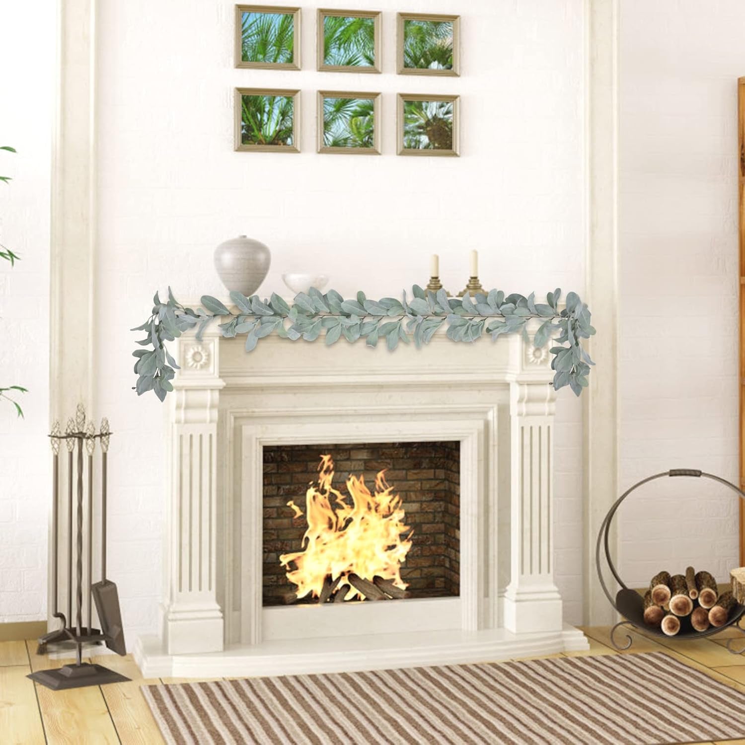 6 Ft Artificial Flocked Lambs Ear Garland - Greenery Vines, Faux Green Leaves for Mantle, Wedding, Home Party Decor, DIY Floral (1 Pack)