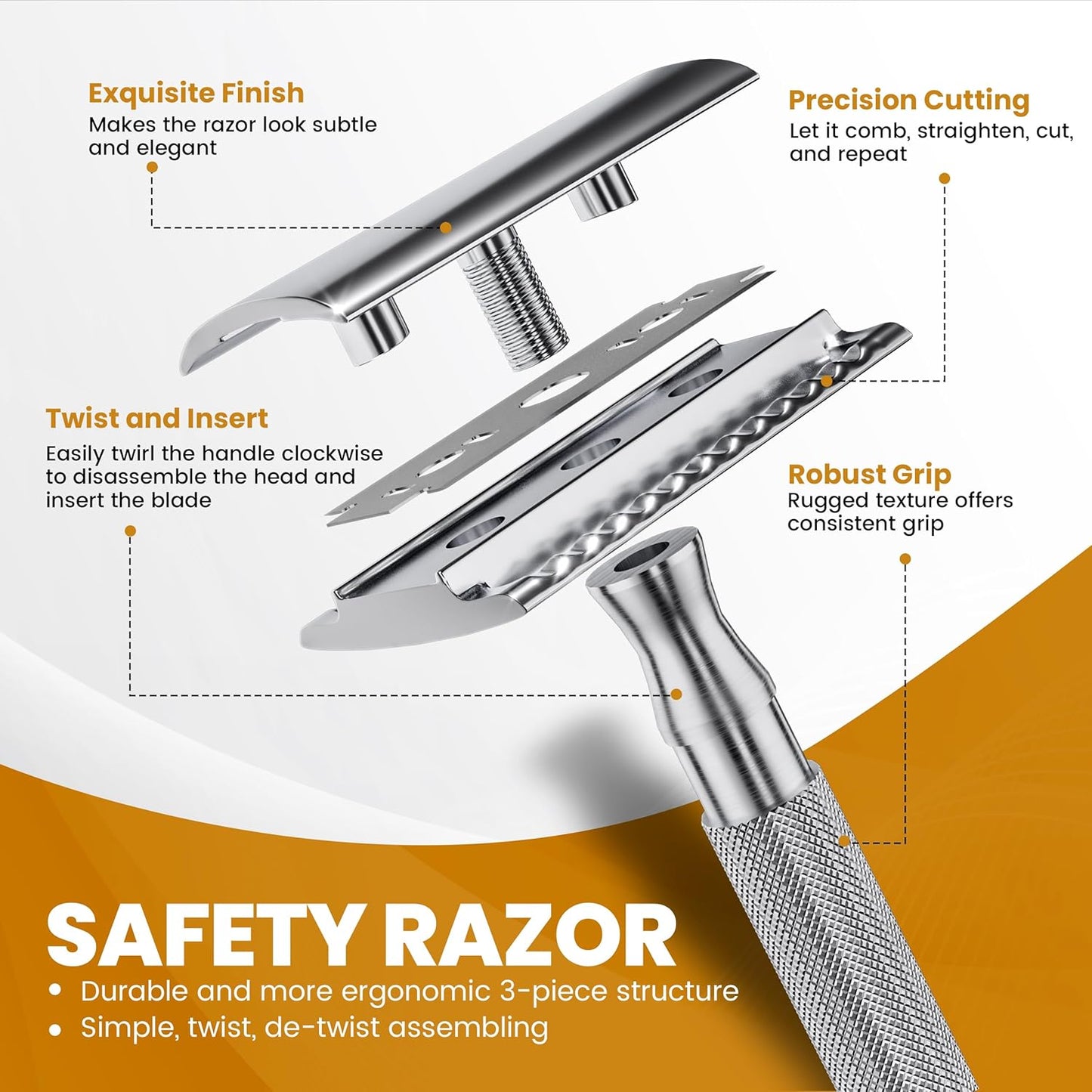 Double Edge Safety Razor for Men & Women with 10 Premium Stainless Steel Blade Refills, Reusable Single Blade Razor, Silver