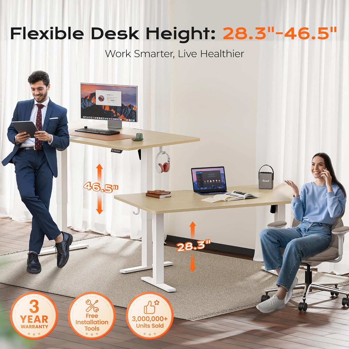 63" x 28" Electric Height Adjustable Standing Desk, 27.6" Deep Desktop, Gaming Office Table with Dual Hooks and Three Preset Heights, Oak Finish for Home Office