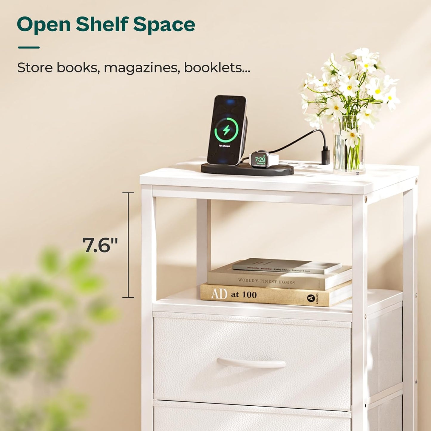 Elegant Nightstand with Integrated Charging Station, Fabric Drawers, Open Shelf, USB Ports, and Outlets - White Finish