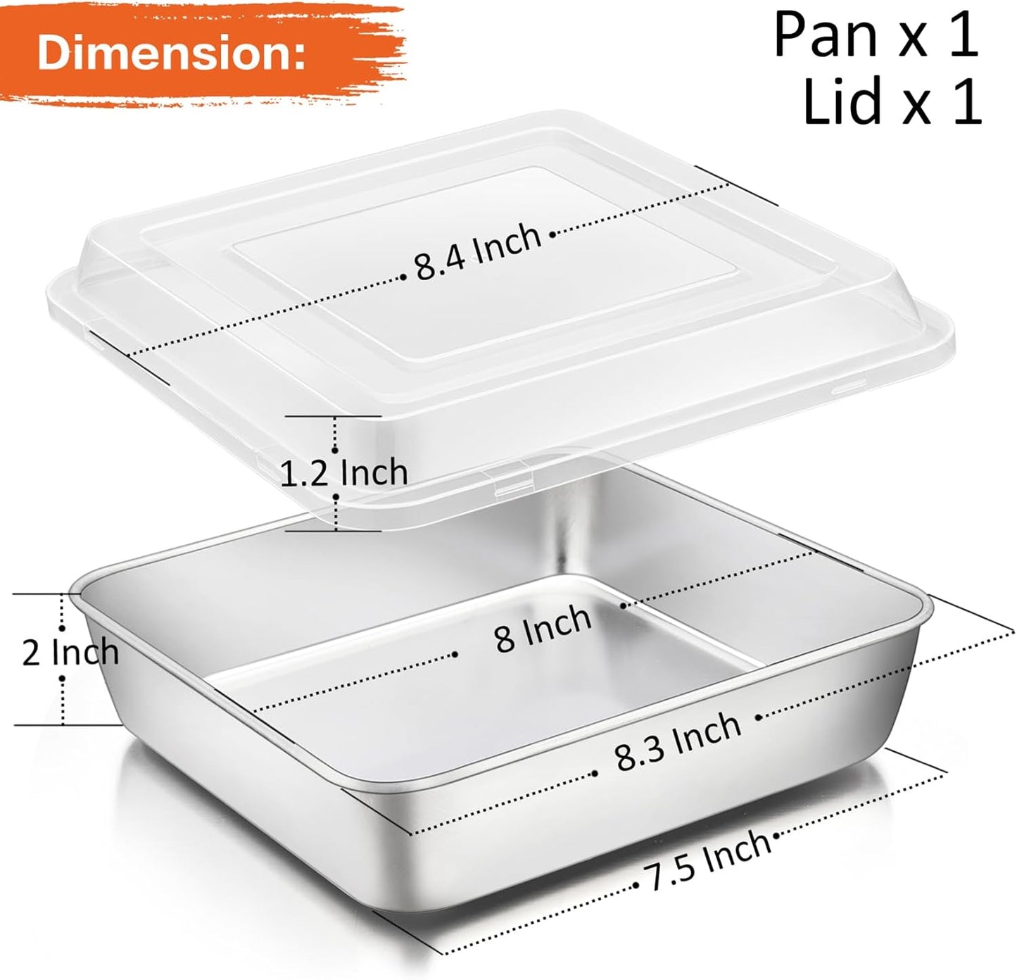 Square Baking Cake Pan with Lid, Stainless Steel Lasagna Brownie Pan and Plastic Cover for Picnic Wedding Birthday, Healthy & Sturdy, Oven & Dishwasher Safe, (8 Inch, 2Pcs)