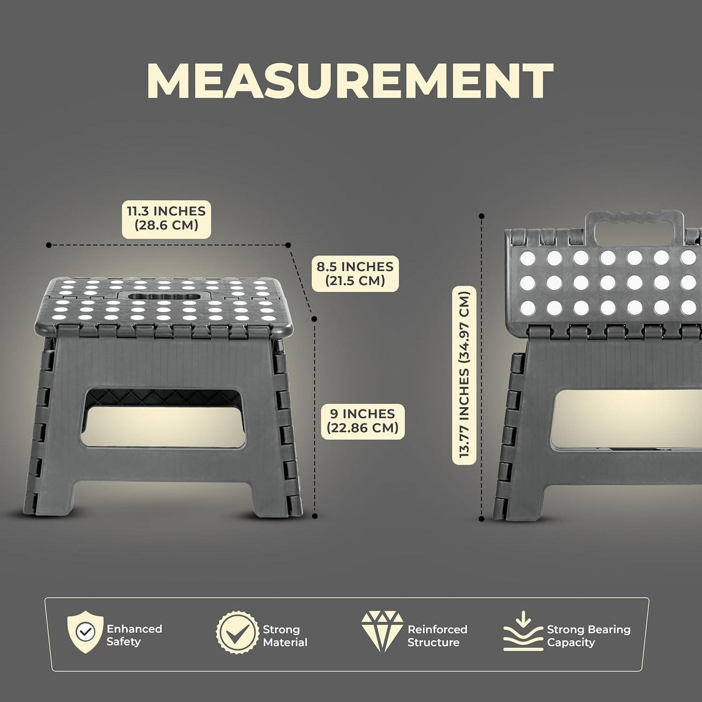Folding Step Stool with 9 Inch Height (Pack of 1) - Holds up to 300 Lbs - Lightweight Plastic Foldable Step Stool for Kitchen, Bathroom & Living Room (Light Grey)