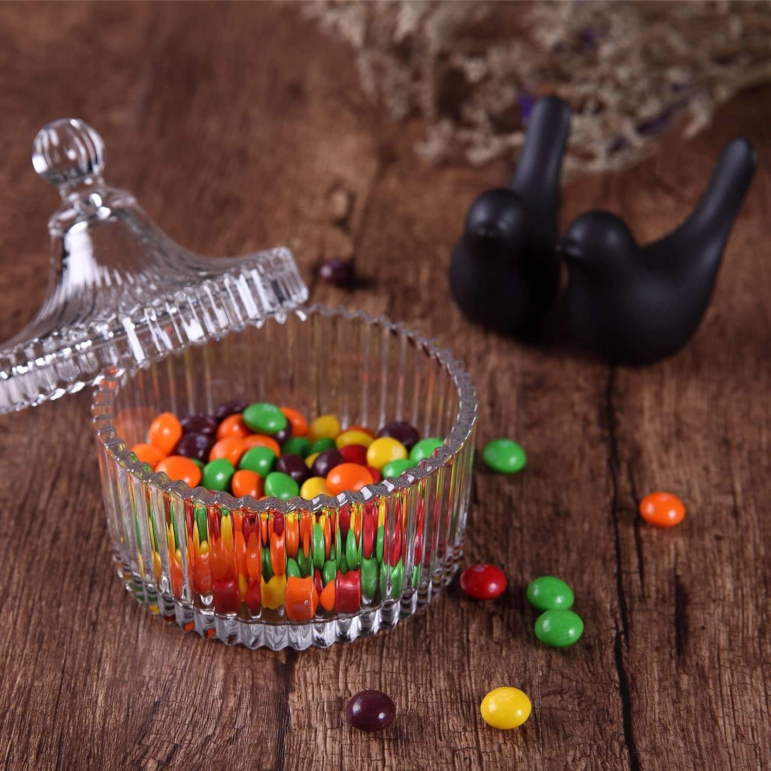 Glass Candy Dish with Lid, 14OZ Candy Jars with Lid for Office Desk, Covered Candy Dish for Office Desk, Decorative Cute Glass Jar, Jewelry Box for Wedding Party Buffet Decor, Christmas Gift