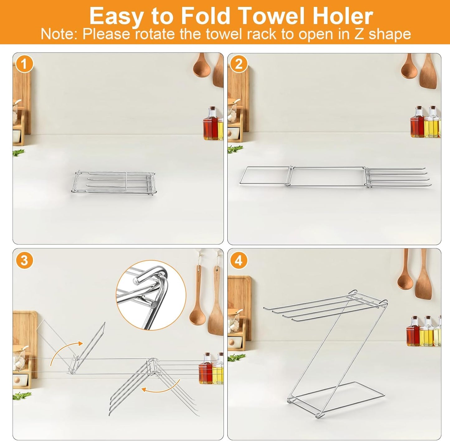 Kitchen Towel Holder Stand, 4-Arm Dish Towel Holder Countertop Towel Drying Rack for Bathroom, Free Standing Hand Towel Stand Washcloth Dish Cloth Drying Rack, Z-Shaped Folding Hanging Towel Bar Stand
