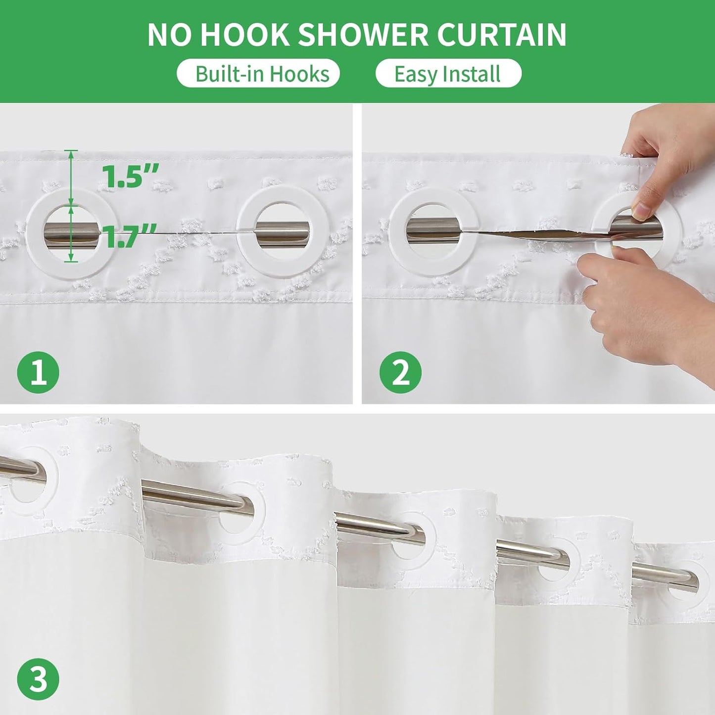White No Hook Shower Curtain with Fabric Snap in Liner Set, Boho Tufted Chevron Striped Shabby Chic Textured Shower Curtain with a Mash Top Window, Hotel Decor, 71" W X 74" L