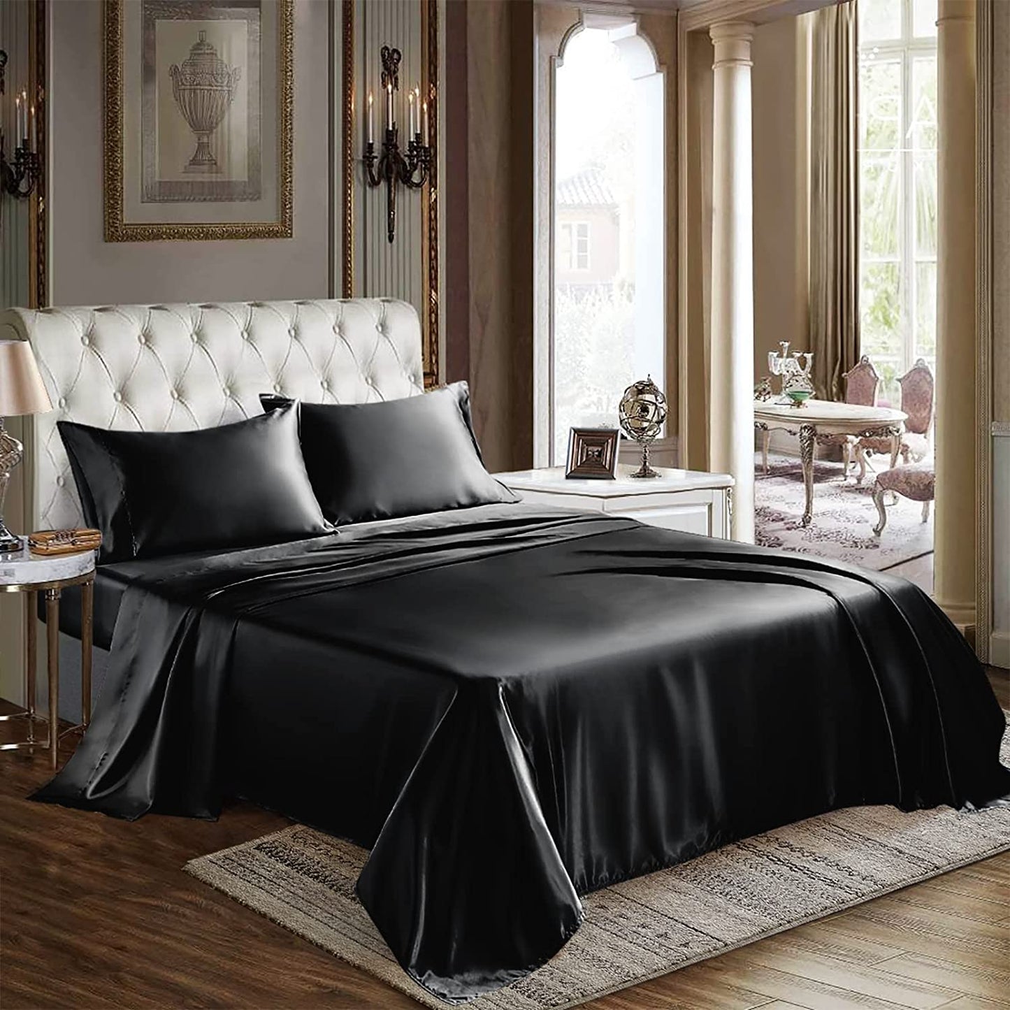 Satin Sheets Queen Size - 4 Piece Black Bed Sheet Set with Silky Microfiber, 1 Deep Pocket Fitted Sheet, 1 Flat Sheet, and 2 Pillowcases - Smooth and Soft