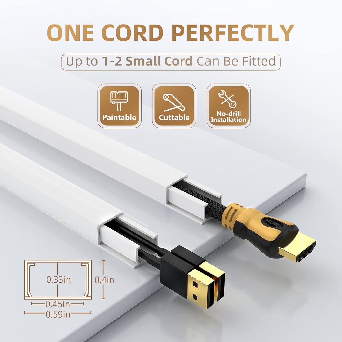 157In (6+4 Pacs) Cord Hider, One-Cord Channel Cord Cover Wall, Paintable Wire Hider, Cable Cover Raceway, Cable Concealer for Wall Mounted TV, Wire Covers for Cords System, W0.59 H0.4In, White